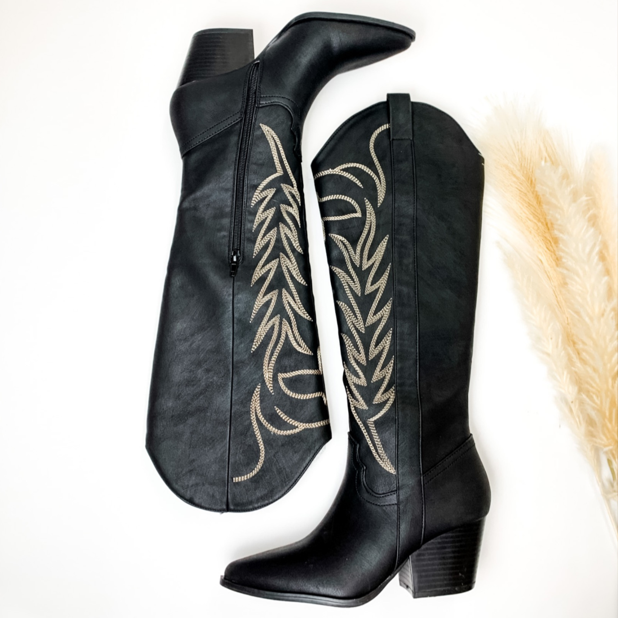 Rodeo Ready Knee High Western Stitch Boots in Black - Giddy Up Glamour Boutique