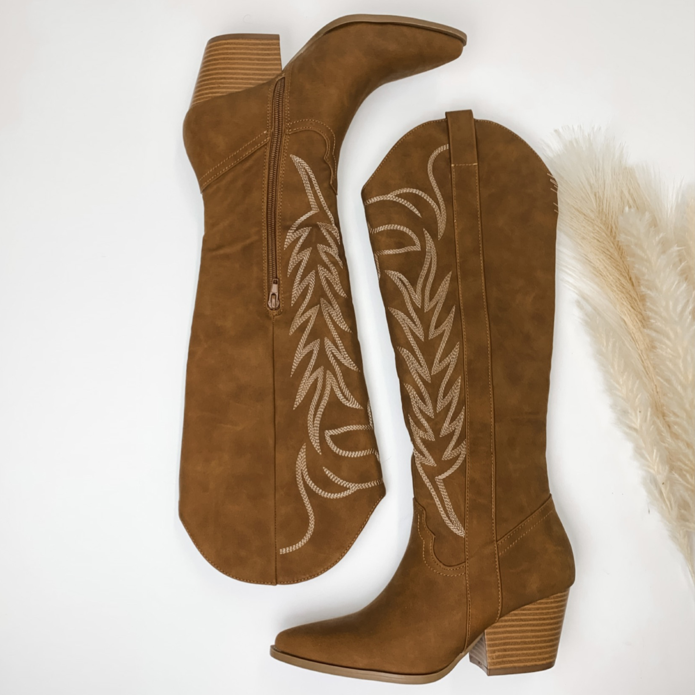 Rodeo Ready Knee High Western Stitch Boots in Camel Brown - Giddy Up Glamour Boutique