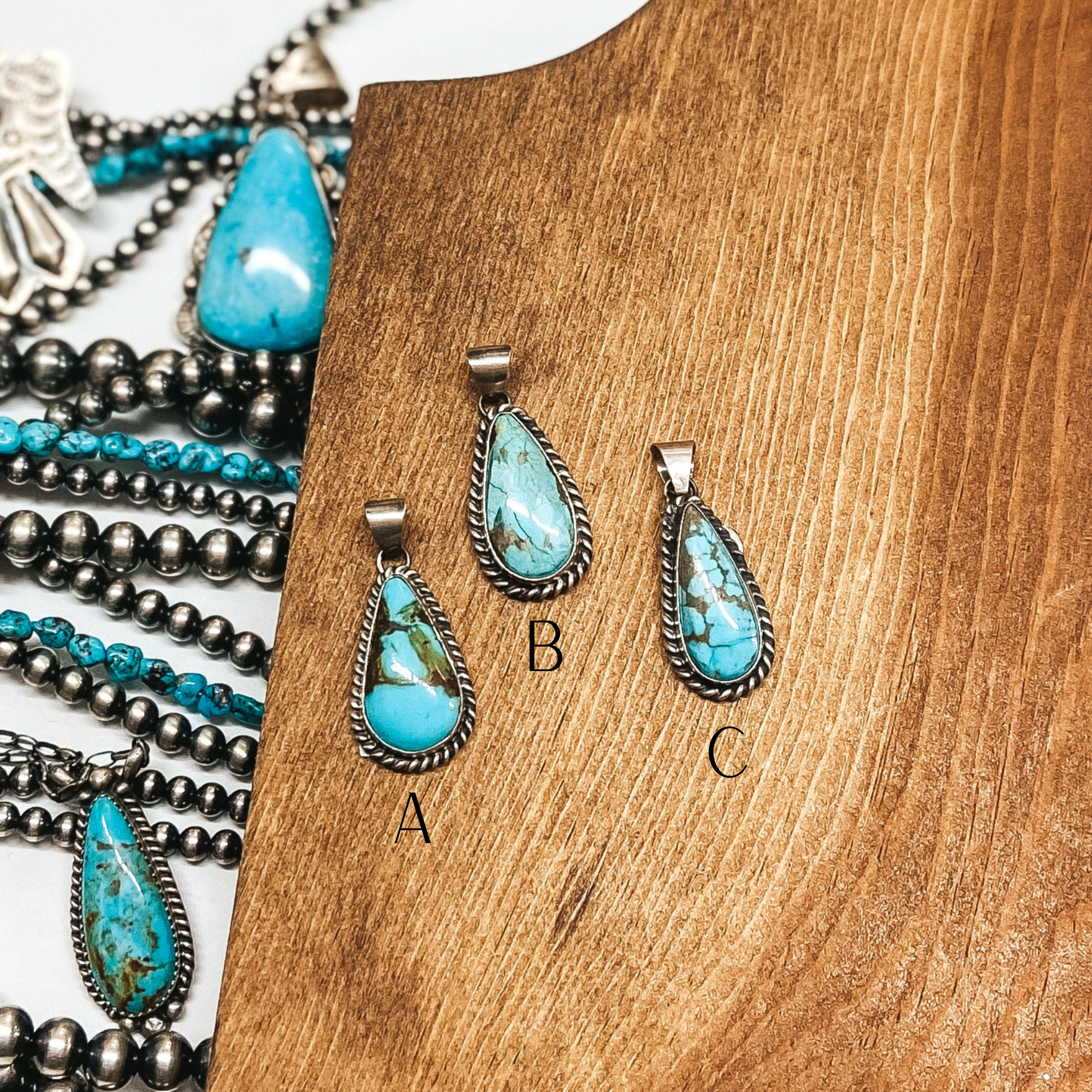 Elouise Kee | Navajo Handmade Sterling Silver and Kingman Turquoise Teardrop Pendant - Giddy Up Glamour Boutique