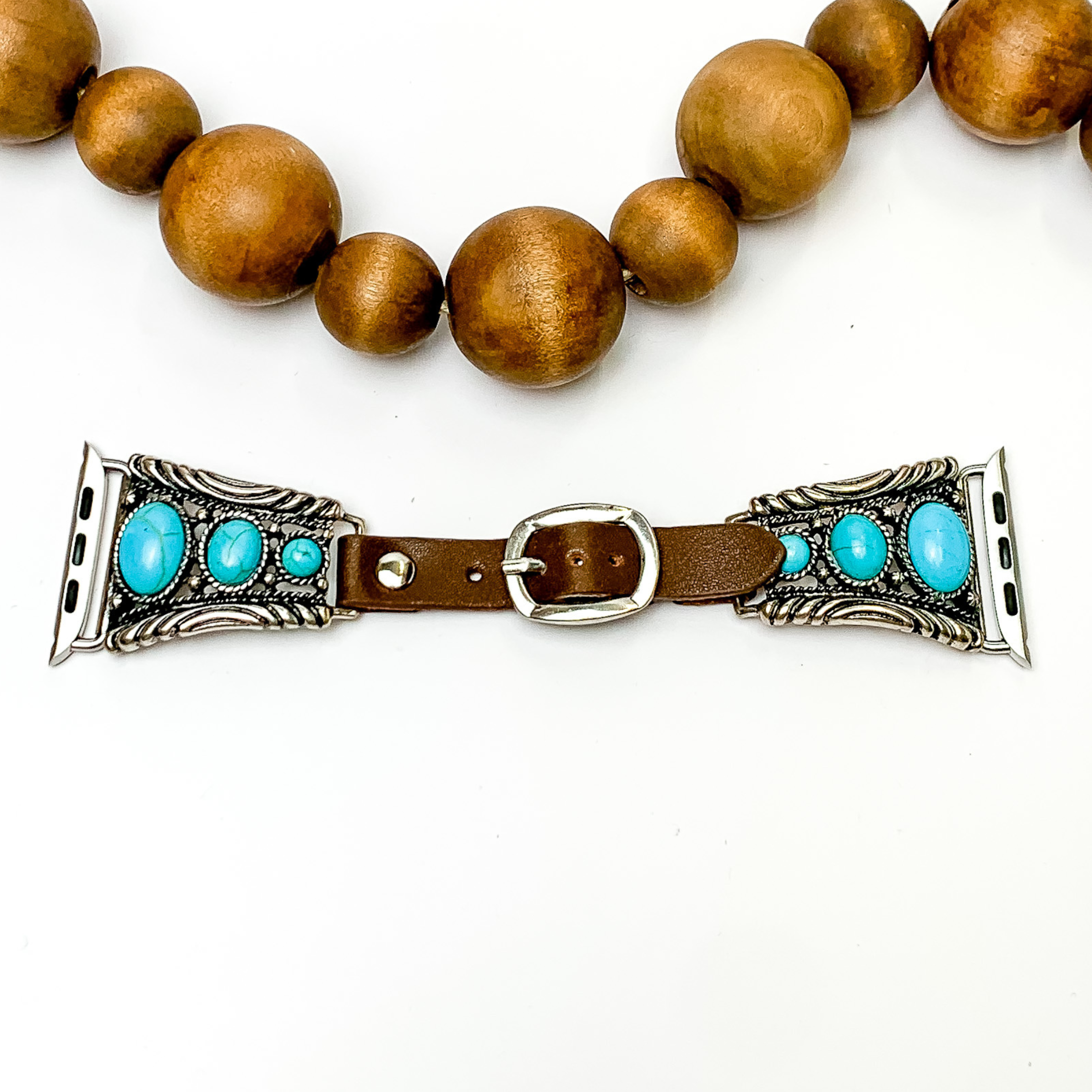 Brown Apple Watch Band with Western Pendant and Turquoise Stones - Giddy Up Glamour Boutique