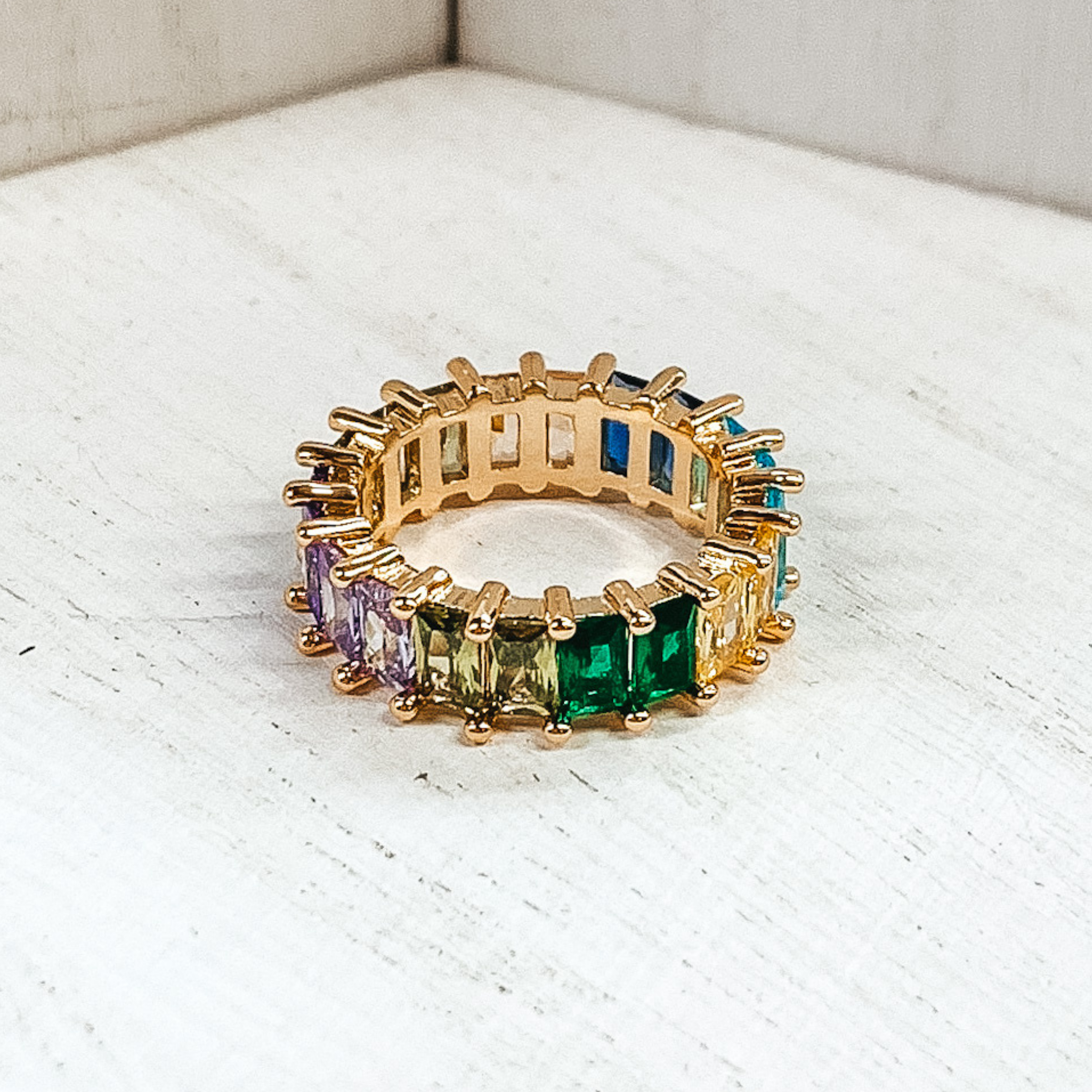 Gold Tone Ring with Baguette Crystals in Blue Multicolored - Giddy Up Glamour Boutique