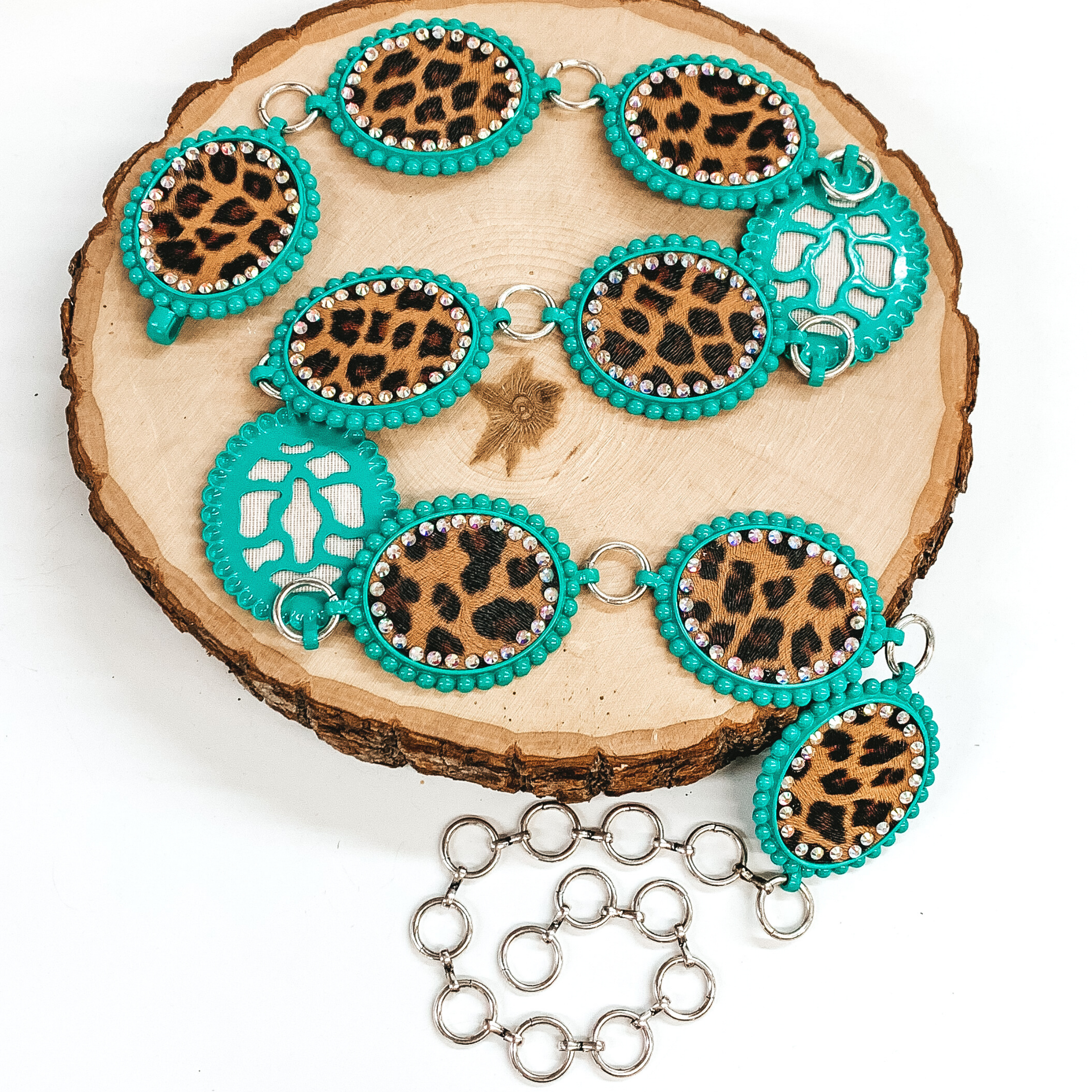 Leopard Print Concho Belt with AB Crystal Outline in Turquoise Tone - Giddy Up Glamour Boutique