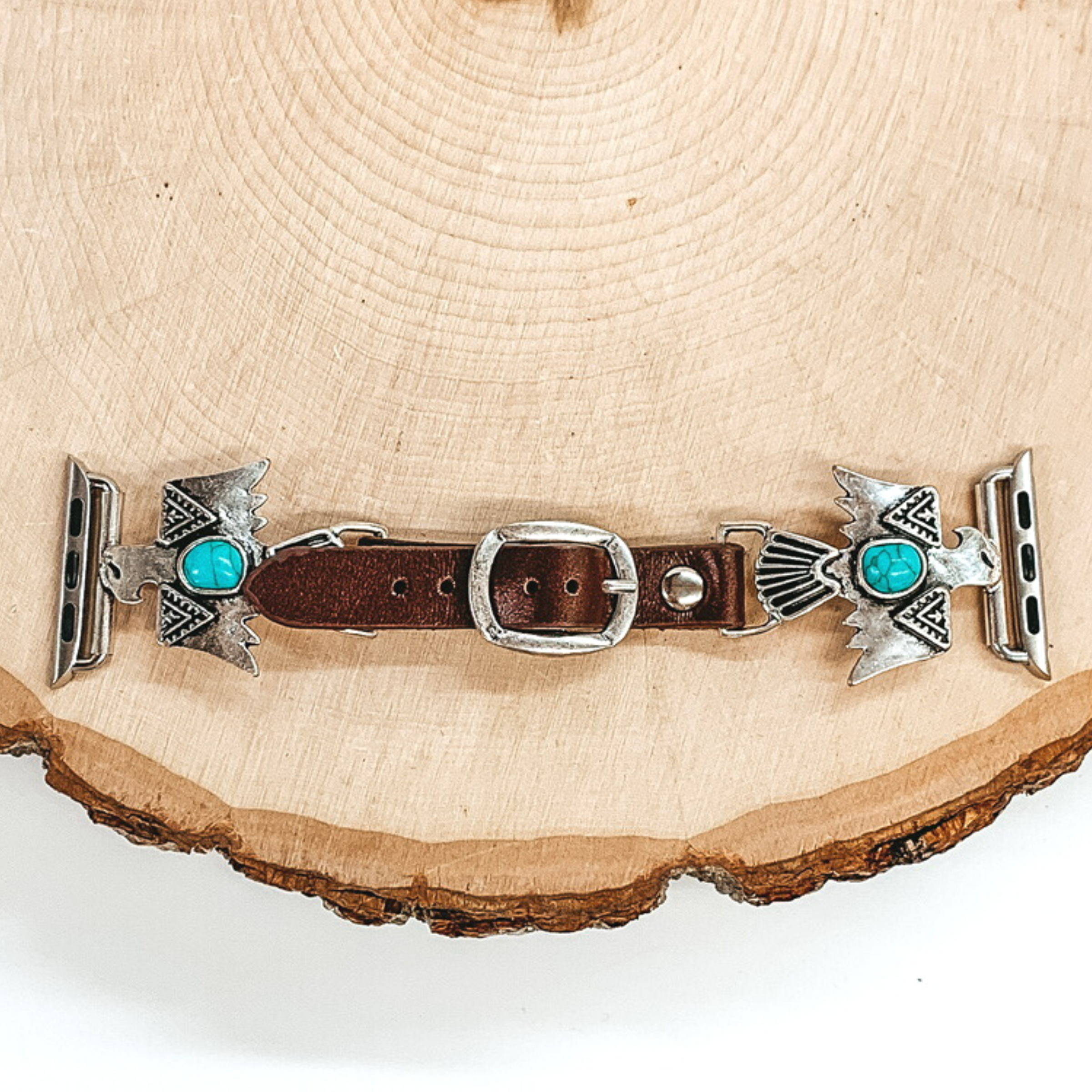 Brown Apple Watch Band with Silver Thunderbird Pendants and Turquoise Center Stone - Giddy Up Glamour Boutique
