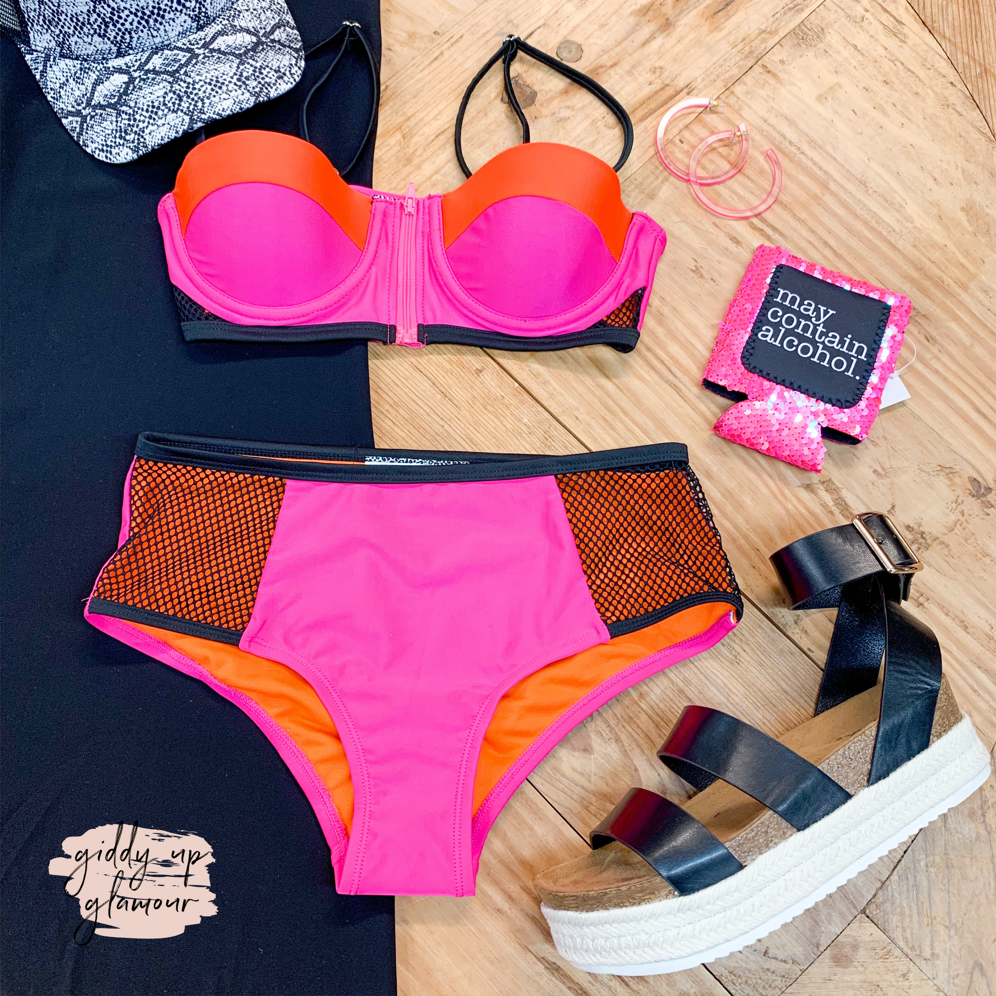 Sun Kissed Color Block Bikini Bottoms with Mesh in Orange and Pink - Giddy Up Glamour Boutique