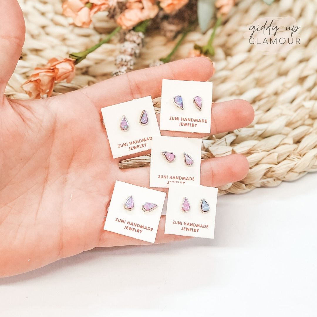 Suzette Boone | Zuni Handmade Sterling Silver and Lilac Opal Tiny Teardrop Stud Earrings - Giddy Up Glamour Boutique