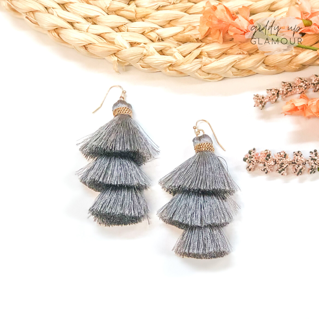Three Tiered Tassel Earrings in Grey - Giddy Up Glamour Boutique