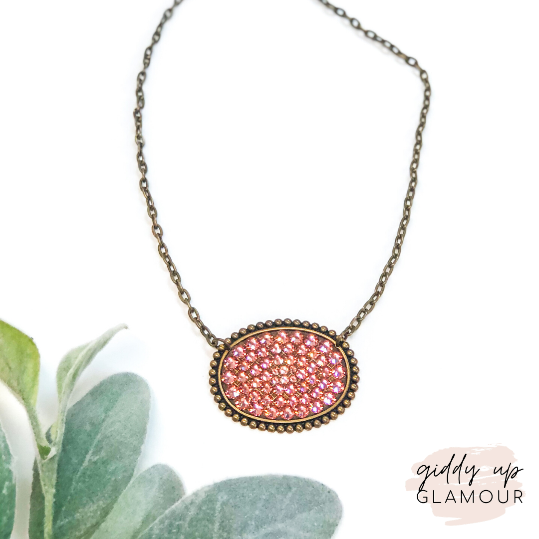 Pink Panache Bronze Oval Necklace with Solid Crystals in Rose Blush - Giddy Up Glamour Boutique