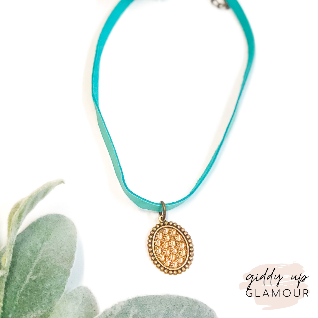 Pink Panache Turquoise Choker with Bronze Oval with Topaz Crystals - Giddy Up Glamour Boutique