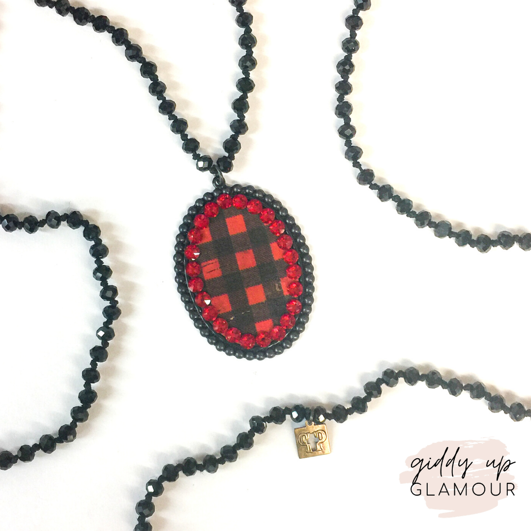 Pink Panache Long Black Necklace with Large Black Matte Oval with Buffalo Plaid and Red Crystals - Giddy Up Glamour Boutique