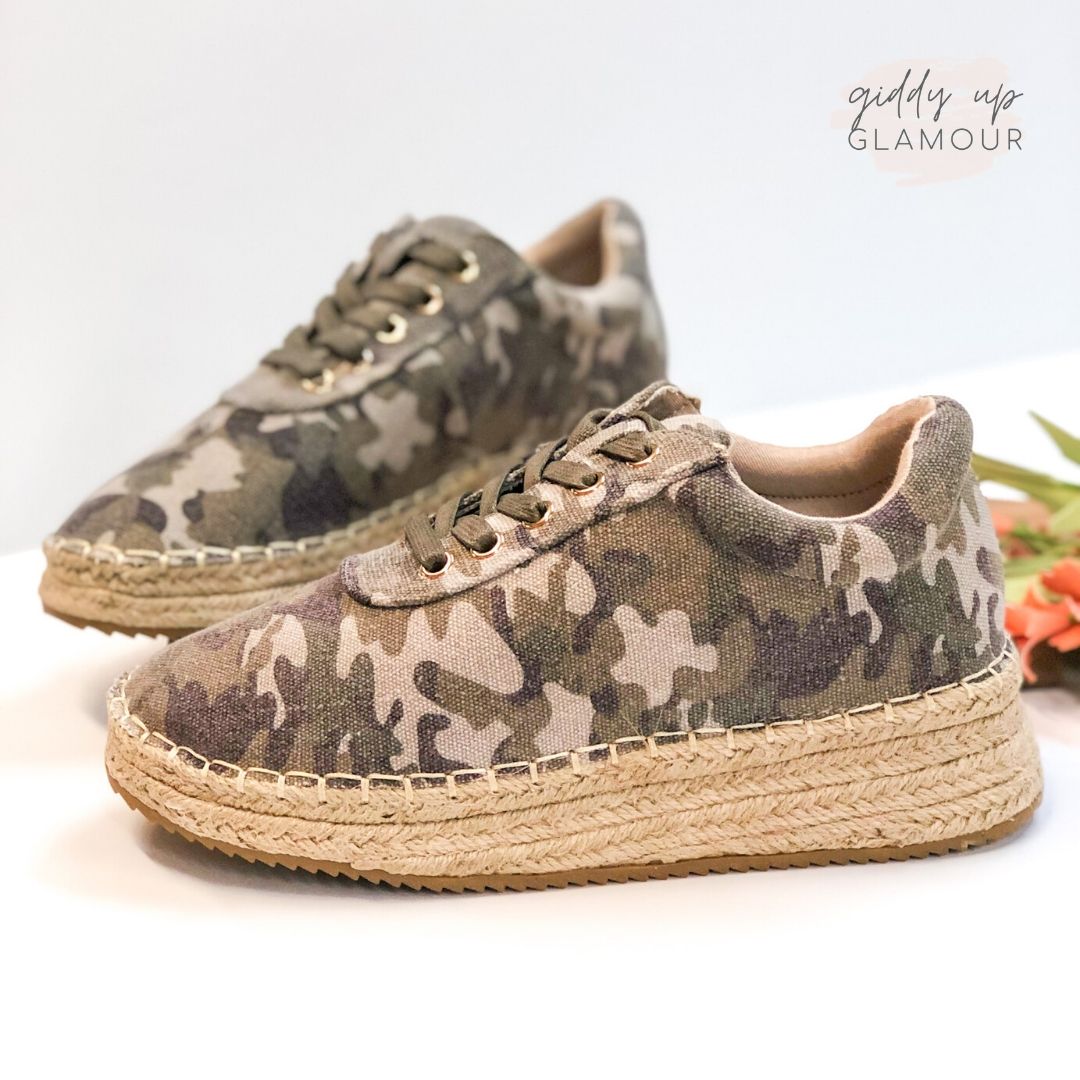 Last Chance Size 7 | Ready to Roam Lace Up Espadrille Sneakers in Camo | Giddy Up Glamour Boutique