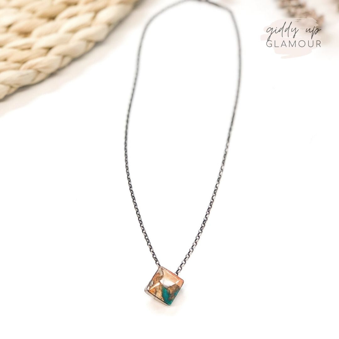 Vernon Kee | Navajo Handmade Sterling Silver Chain Necklace with Orange Spiny Oyster and Turquoise Mix Square Pendant - Giddy Up Glamour Boutique