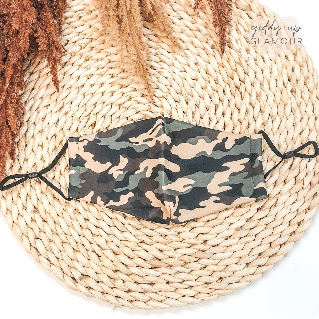 Can't Be Spotted Camouflage Adjustable Face Covering in Khaki - Giddy Up Glamour Boutique