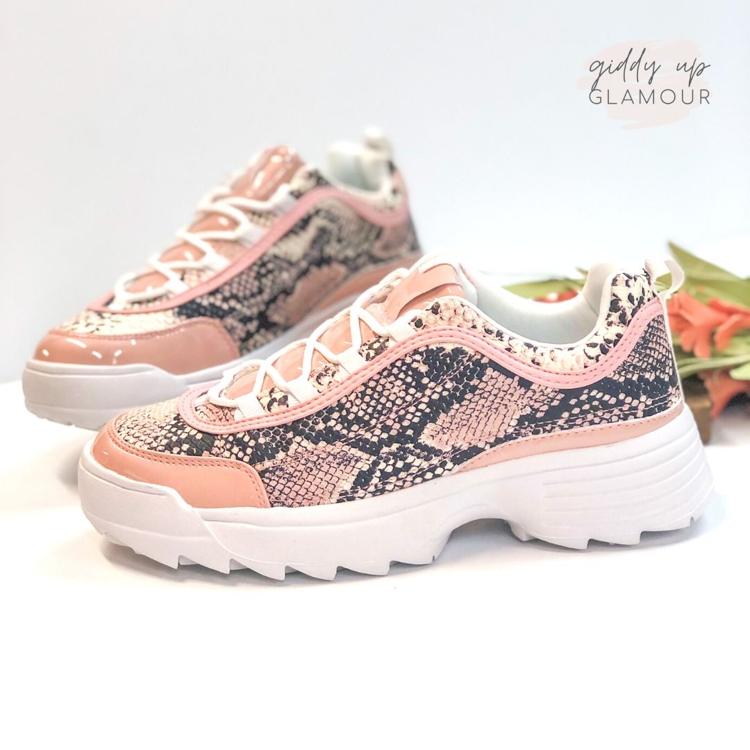 Last Chance Size 6 | Bad Blood Chunky Lace Up Sneakers in Blush Snake - Giddy Up Glamour Boutique