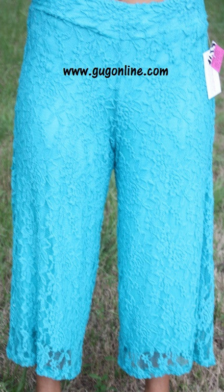 Last Chance Size Small | Turquoise Lace Capri Pants - Giddy Up Glamour Boutique