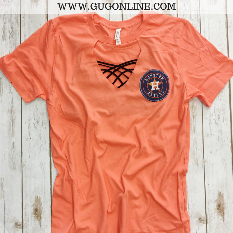 Last Chance Size 3XL | Go Astros Short Sleeve Tee in Orange with Keyhole - Giddy Up Glamour Boutique