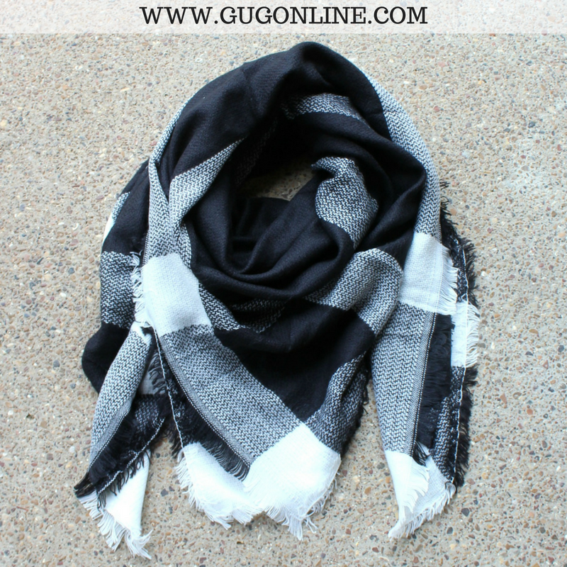 Black and Ivory Buffalo Plaid Blanket Scarf - Giddy Up Glamour Boutique