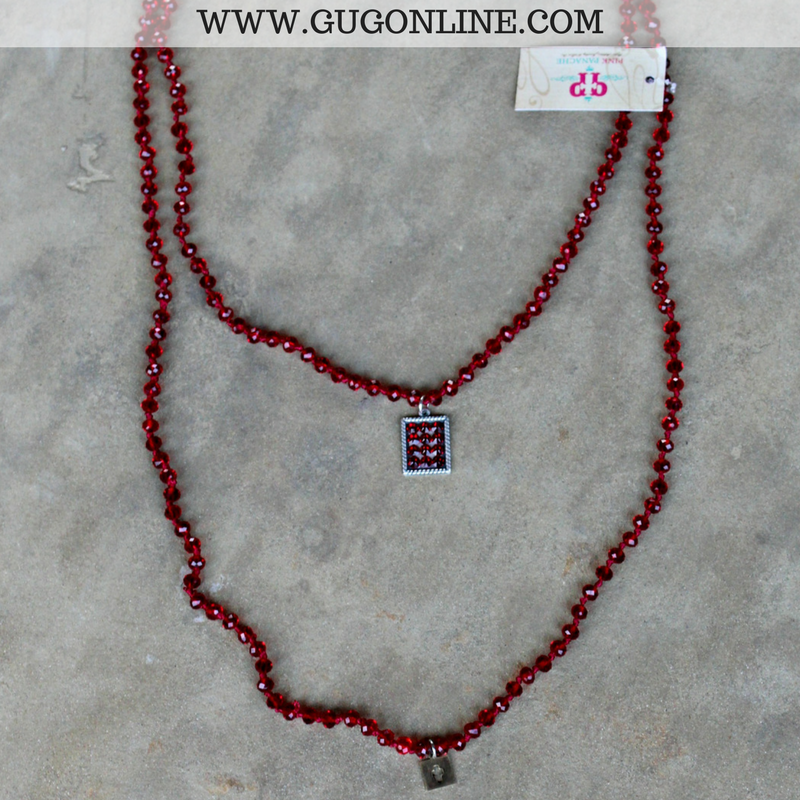 Pink Panache Long Red Crystal Necklace with Silver Rectangle in Red Crystals - Giddy Up Glamour Boutique