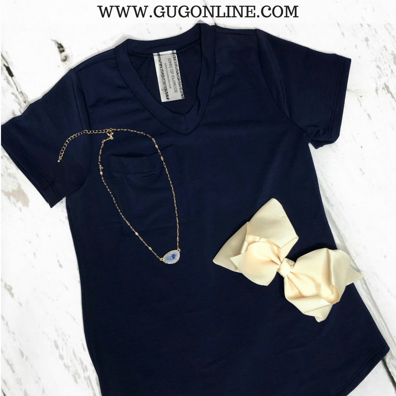 Kids Just Right Short Sleeve Pocket Tee in Navy Blue - Giddy Up Glamour Boutique