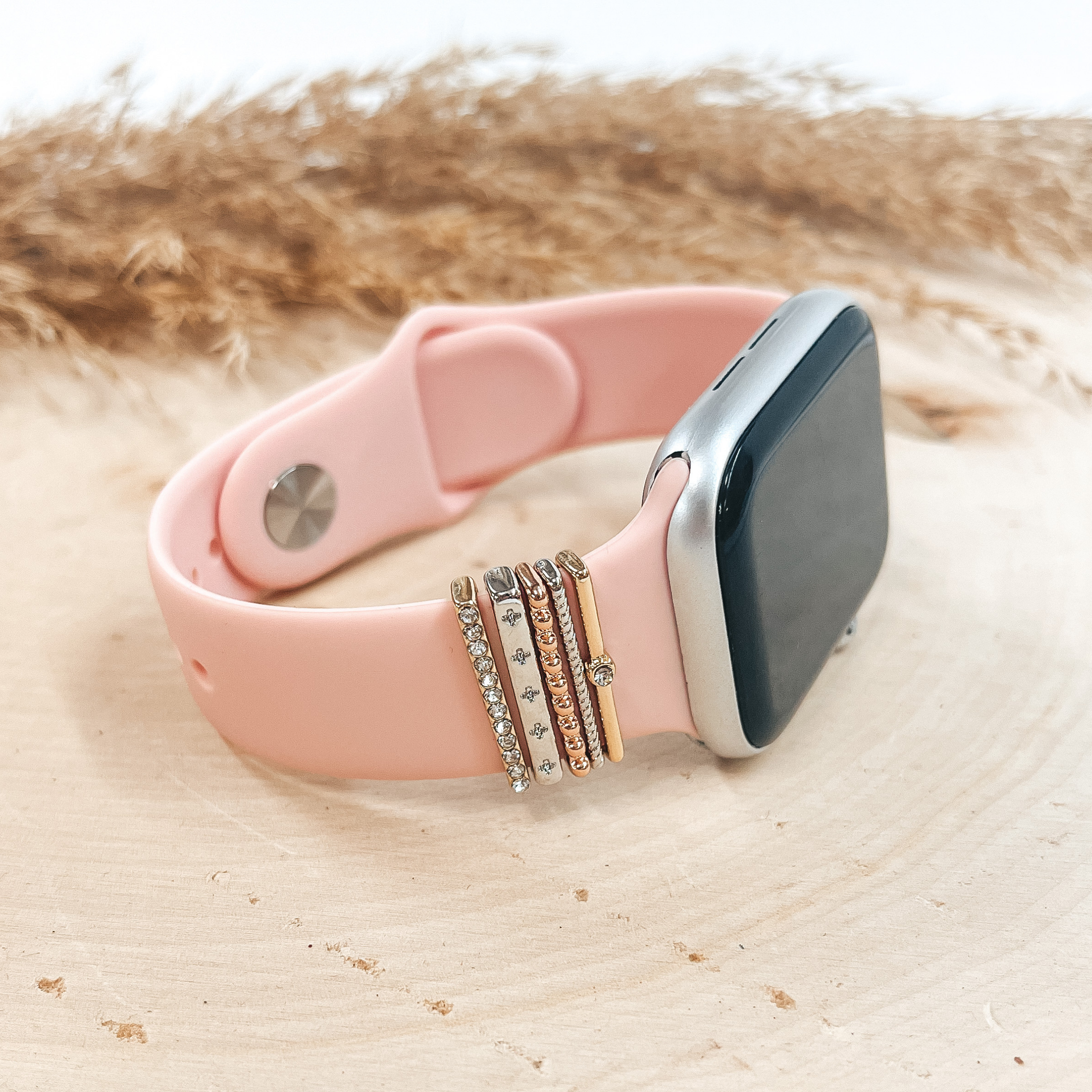 Smart Watch Band With Gold, Rose Gold, and Silver Tone Crystal Set Rings in Blush - Giddy Up Glamour Boutique