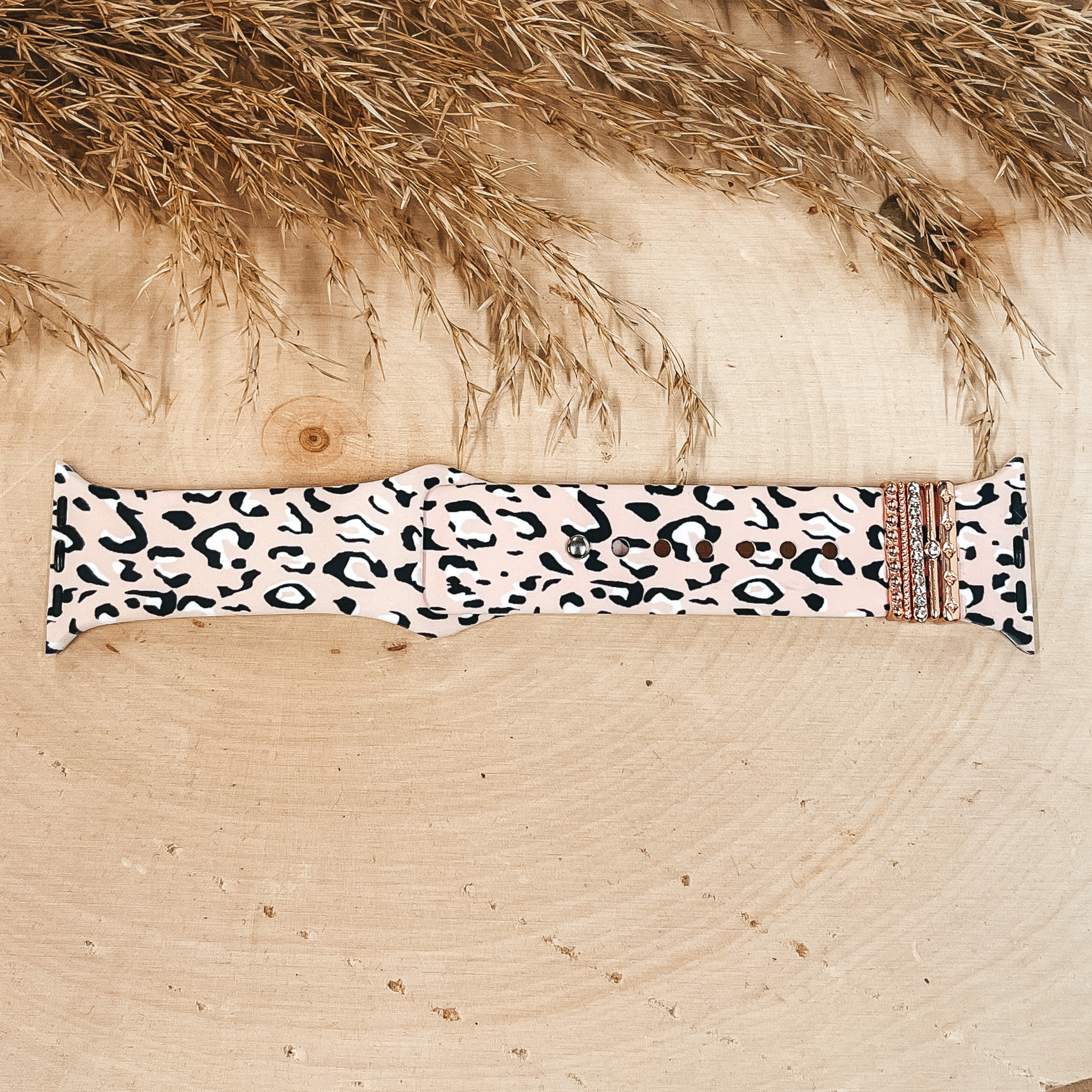 Smart Watch Band With Rose Gold Tone Crystal Set Rings with Leopard Print Design in Blush Pink - Giddy Up Glamour Boutique