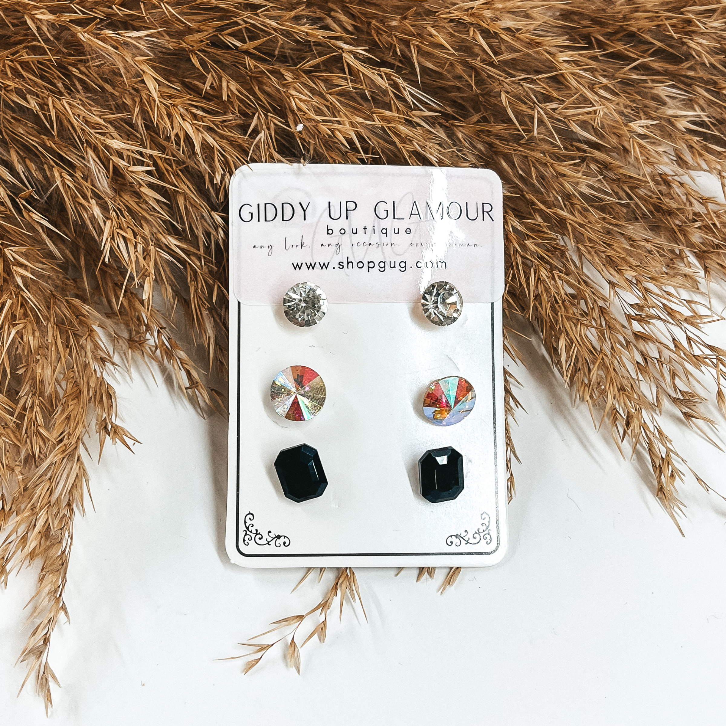 Buy 3 for $10 | Pack of Three | Faux Crystal Stud Earrings in Rectangles - Giddy Up Glamour Boutique