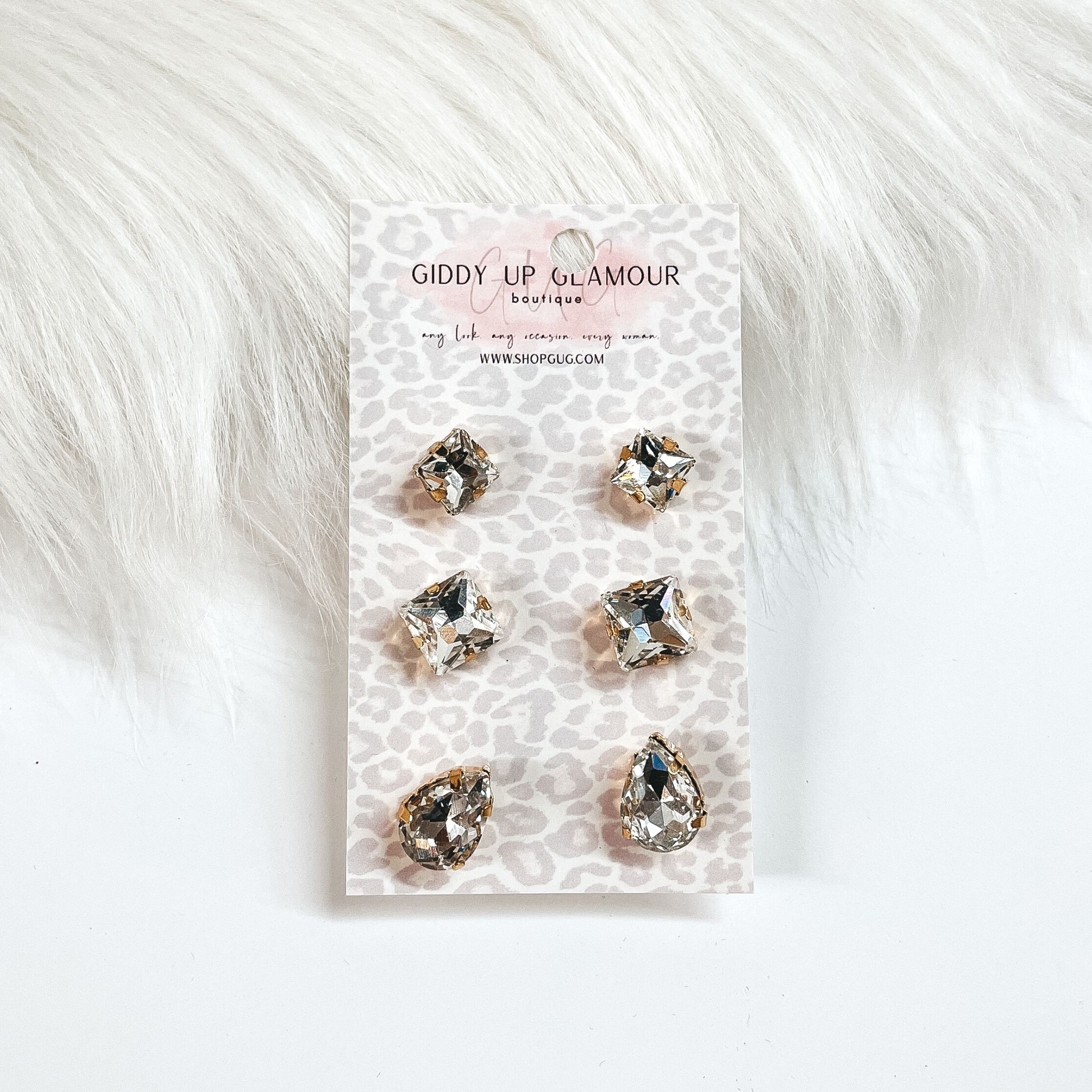 Buy 3 for $10 | Set of Three | Faux Crystal Stud Earrings in Gold Tone Setting - Giddy Up Glamour Boutique