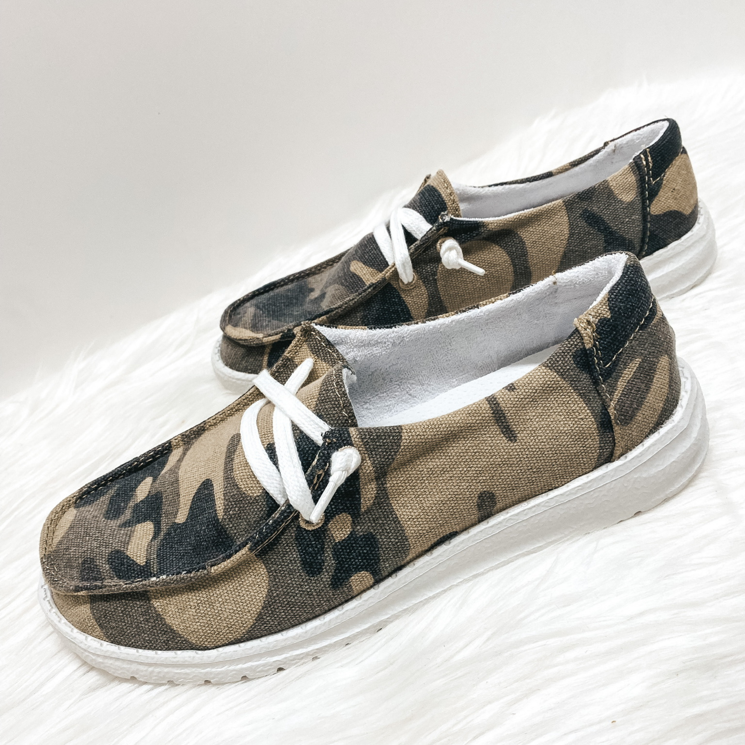 Very G | Have To Run Slip On Loafers with Laces in Camouflage - Giddy Up Glamour Boutique