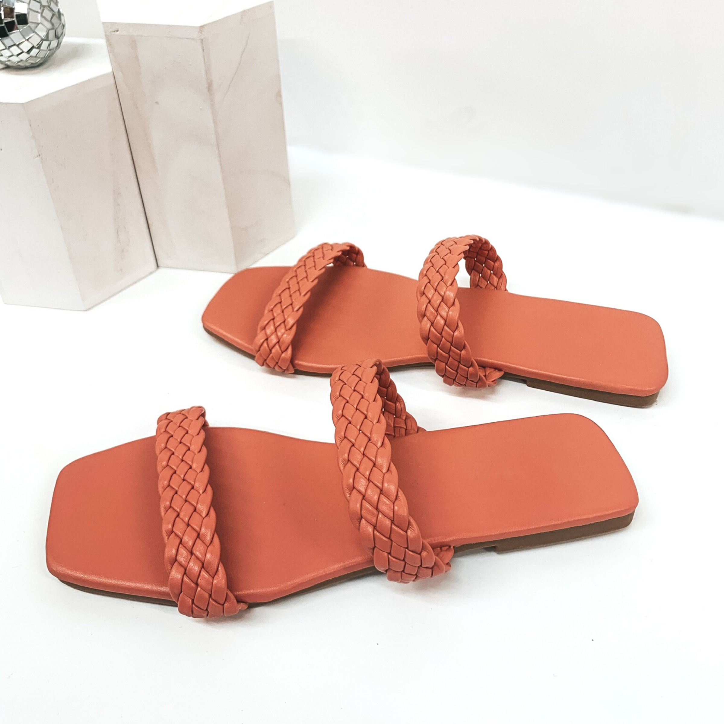 Uptown Stroll Braided Two Strap Slide On Sandals in Coral - Giddy Up Glamour Boutique