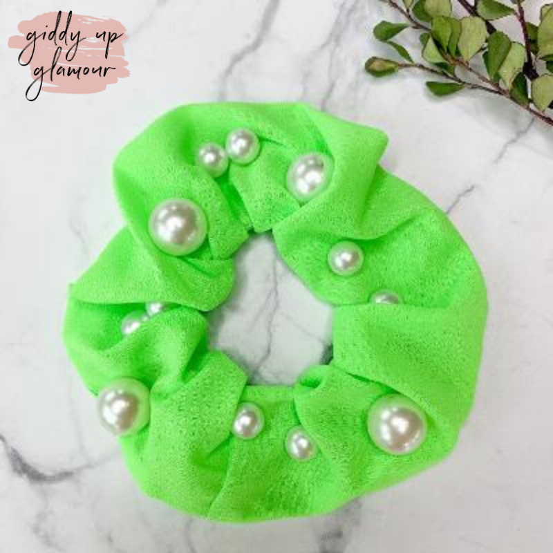 Buy 3 for $10 | Uptown Flare Large Pearl Embroidered Hair Scrunchie in Neon Green - Giddy Up Glamour Boutique
