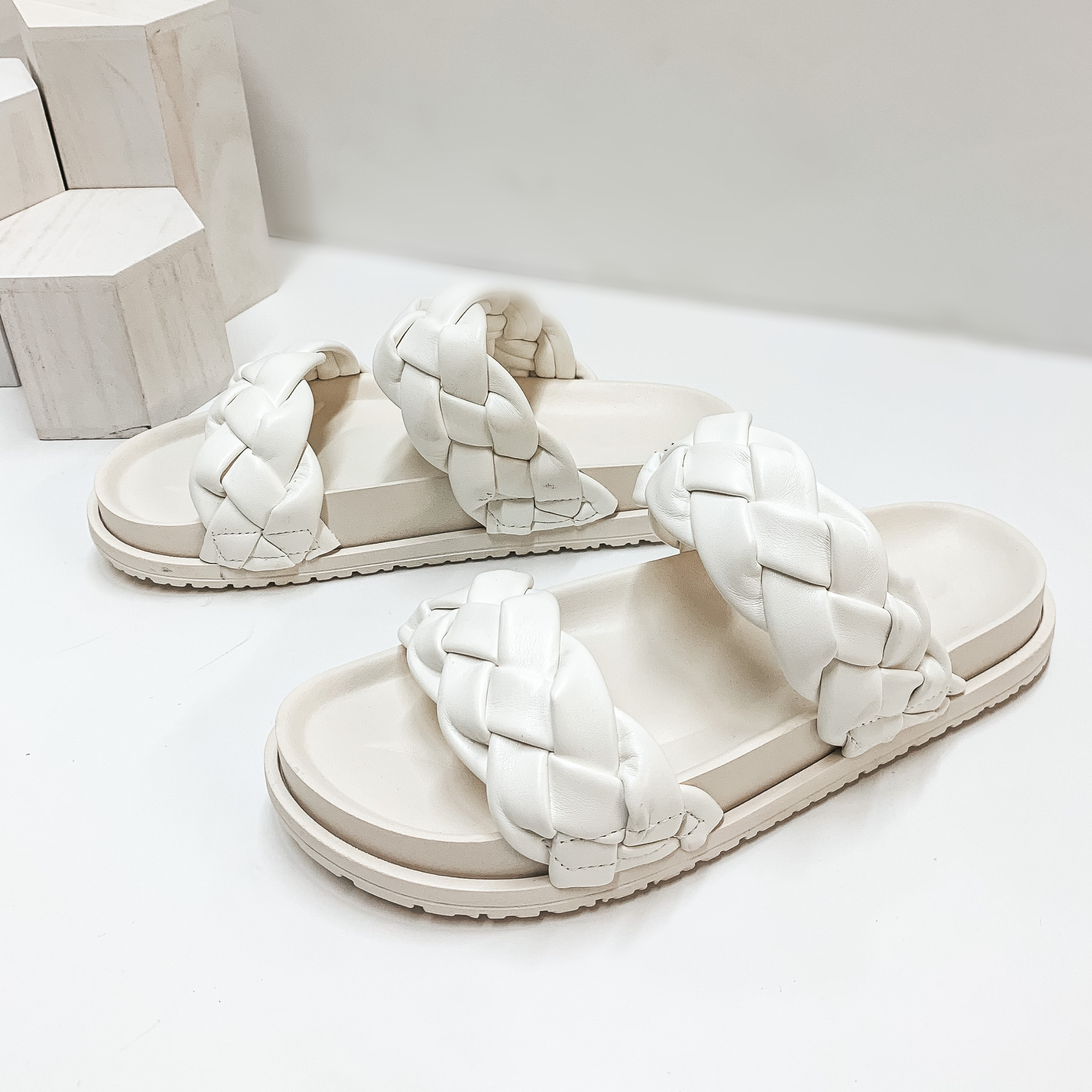 Far From Over Braided Two Strap Slide On Sandals in White - Giddy Up Glamour Boutique