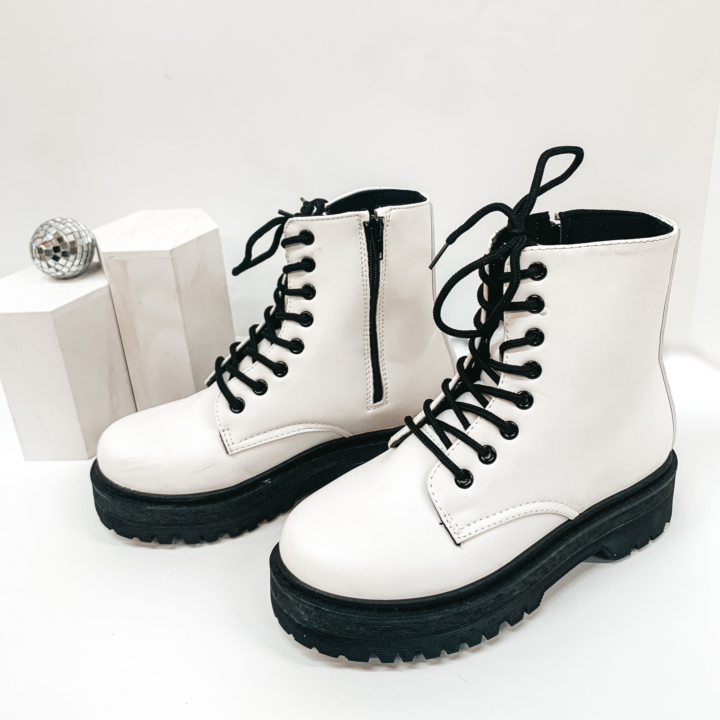 Born to be Wild Combat Boots in White - Giddy Up Glamour Boutique