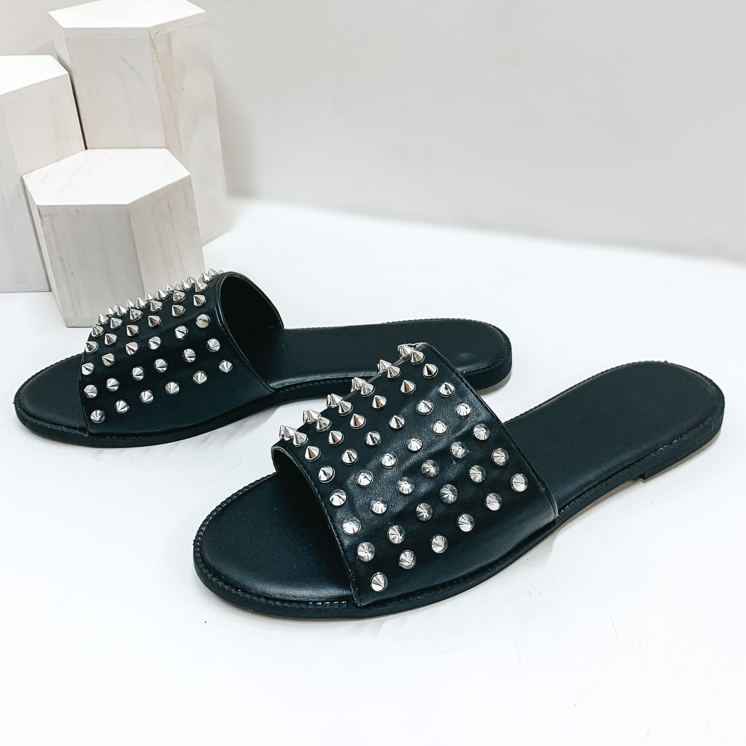 City Girl Silver Spike Embellished Slide On Sandal in Black - Giddy Up Glamour Boutique