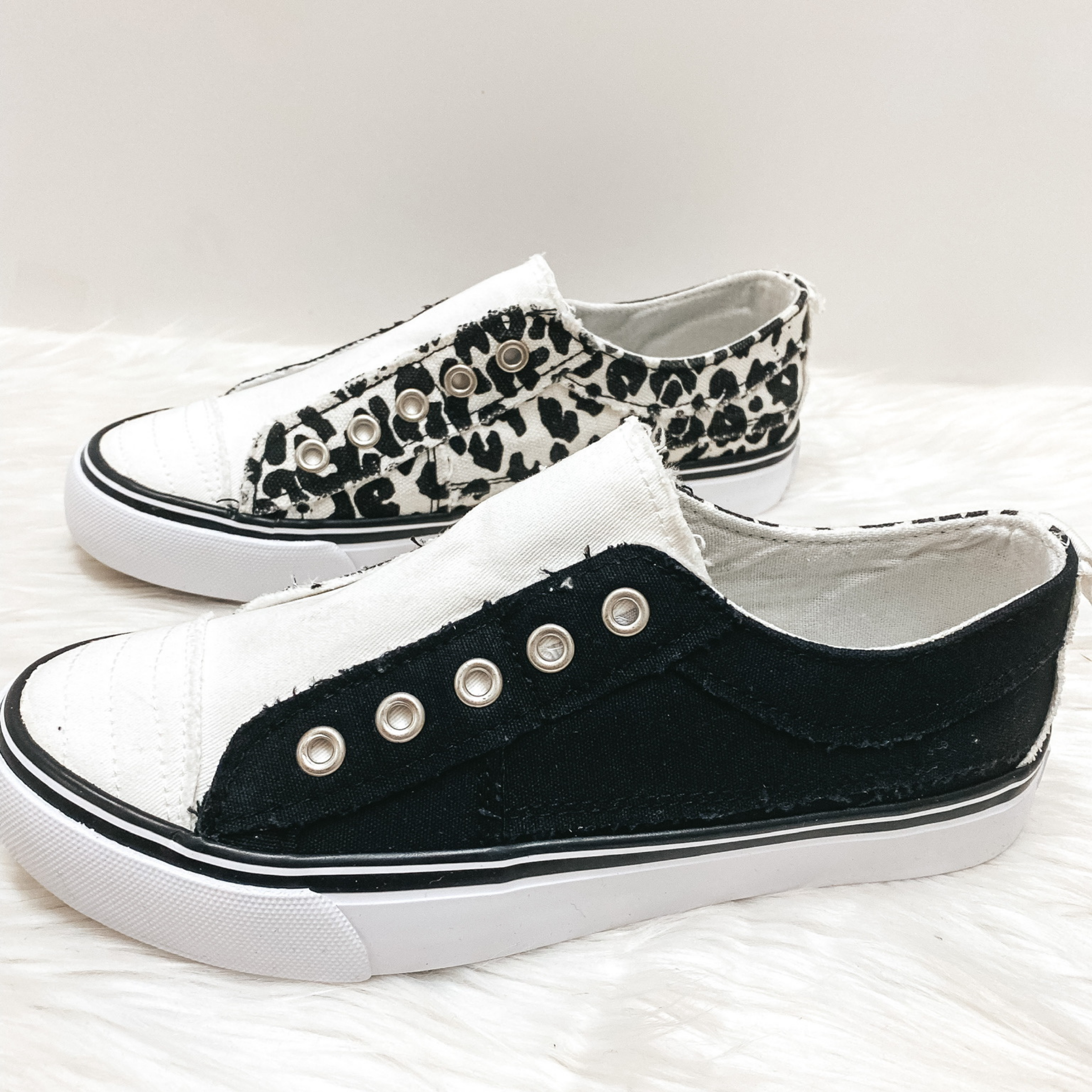 Last Chance Size 7.5, 8, & 9 | Very G | Two Sides of the Story Two-Toned Slip On Sneakers in Black and White - Giddy Up Glamour Boutique