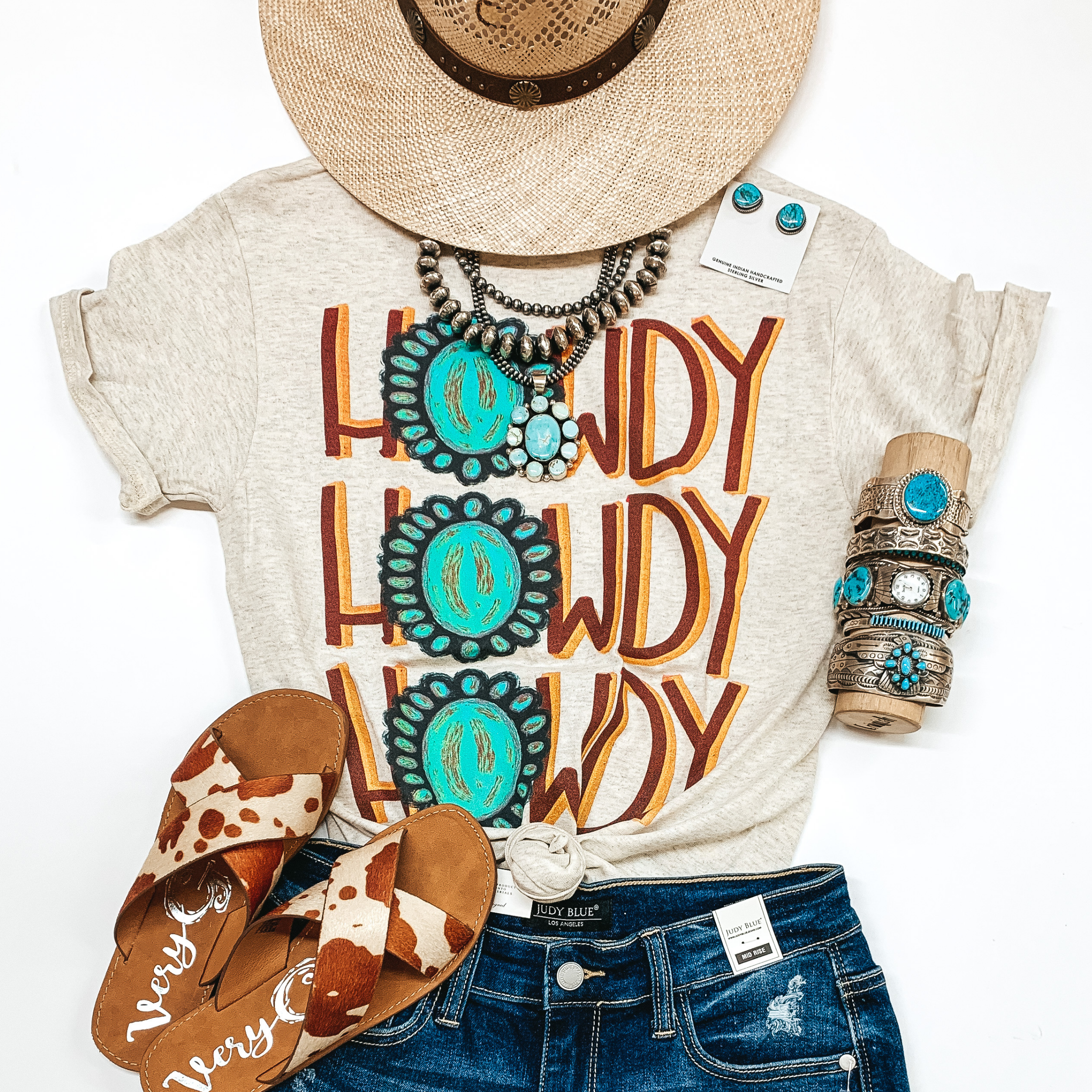 Howdy Green Turquoise Cluster Short Sleeve Graphic Tee in Heather Beige - Giddy Up Glamour Boutique