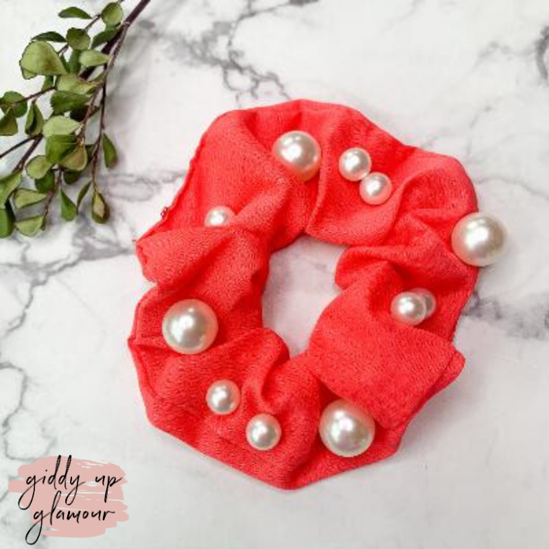 Buy 3 for $10 | Uptown Flare Large Pearl Embroidered Hair Scrunchie in Coral - Giddy Up Glamour Boutique