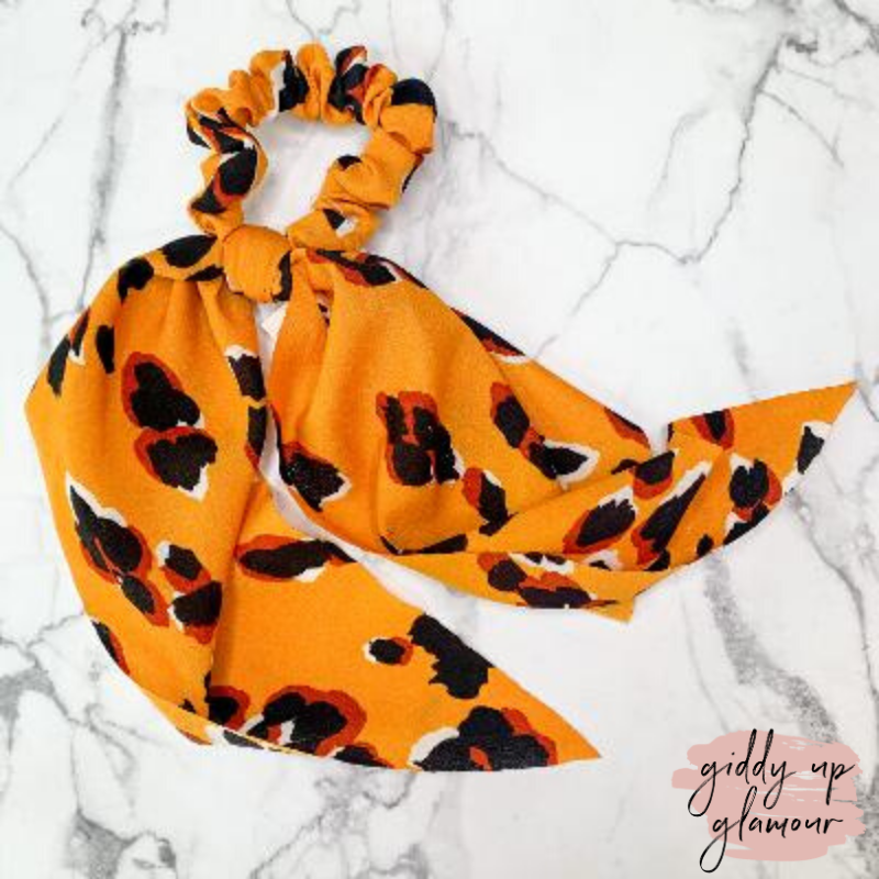 Little Details Leopard Hair Scrunchie with Scarf in Mustard Yellow - Giddy Up Glamour Boutique