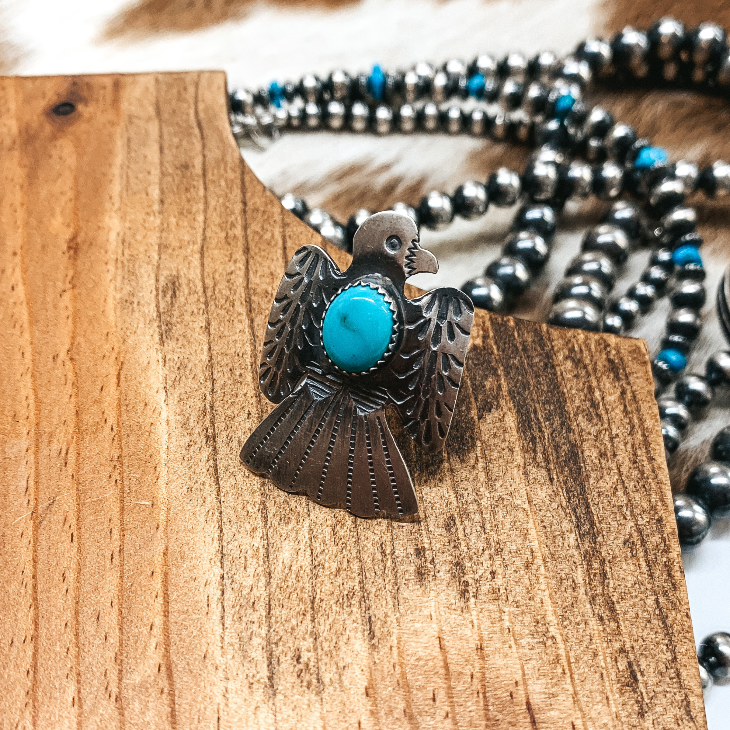 Tim Yazzie | Navajo Handmade Sterling Silver Thunderbird Ring with Turquoise Stone - Giddy Up Glamour Boutique