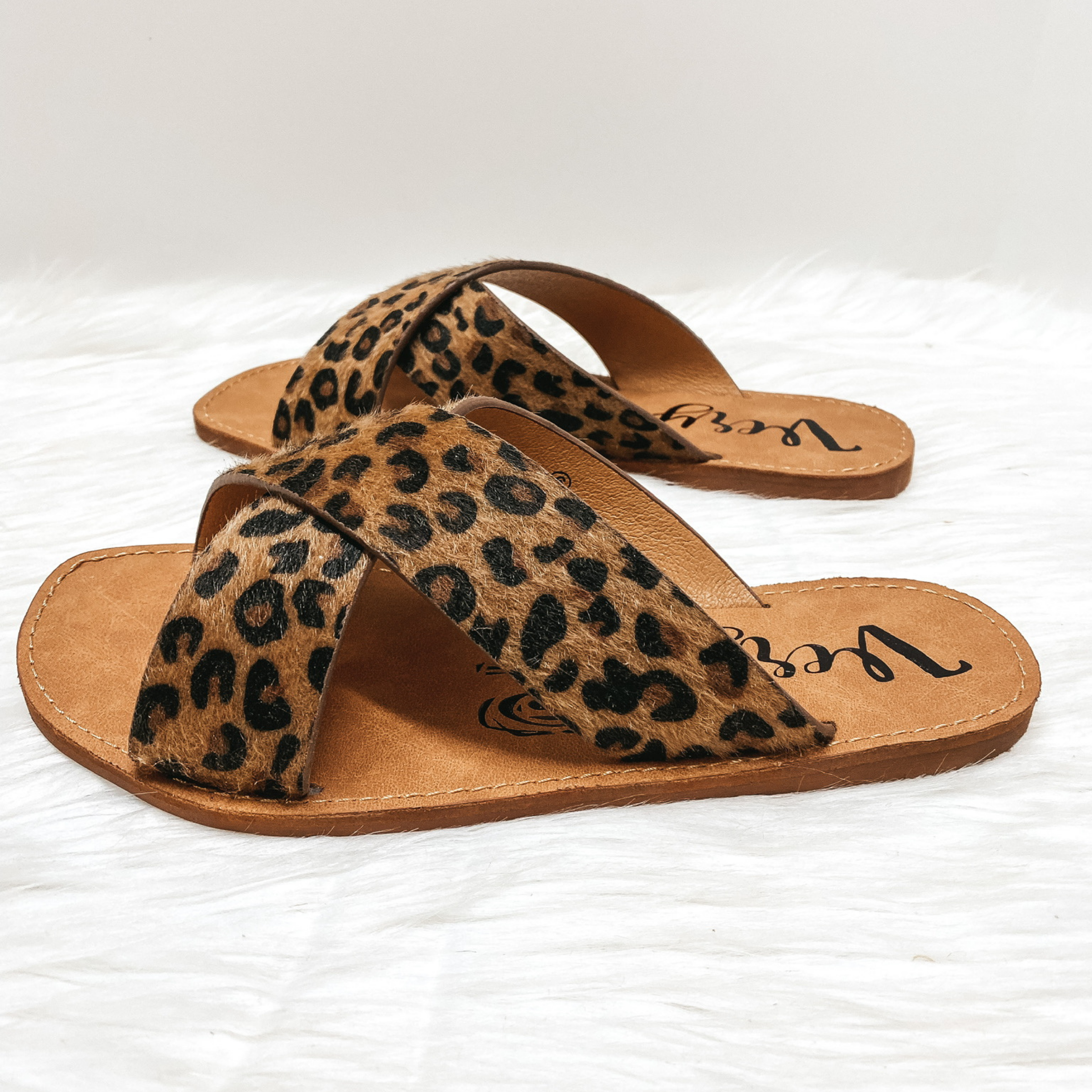 Very G | Searching For Sunshine Cross Strap Faux Hide Sandals in Leopard - Giddy Up Glamour Boutique