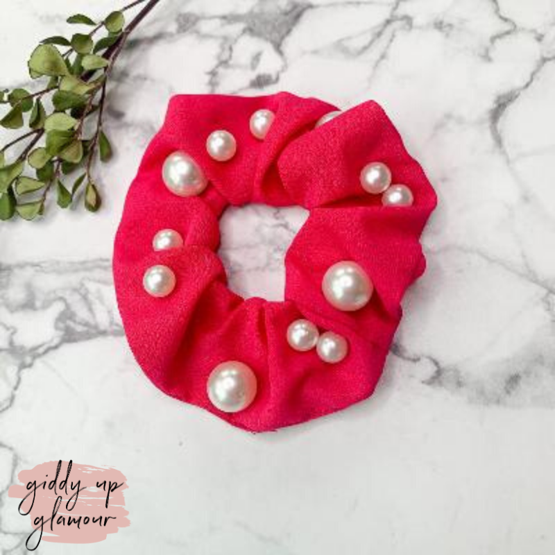 Buy 3 for $10 | Uptown Flare Large Pearl Embroidered Hair Scrunchie in Fuchsia - Giddy Up Glamour Boutique