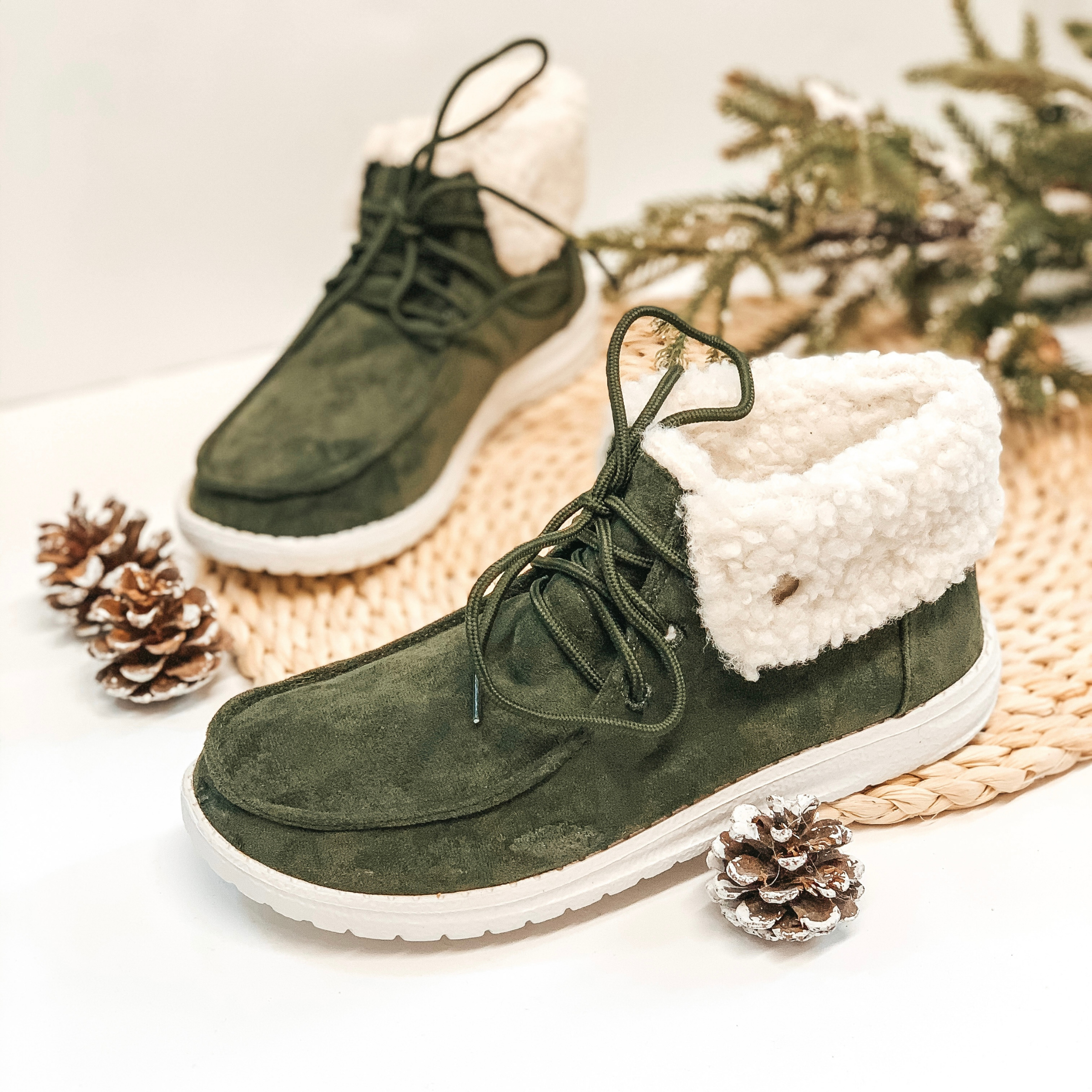 Very G | Have To Run High Top Slip On Loafers with Laces and Sherpa Lining in Olive - Giddy Up Glamour Boutique
