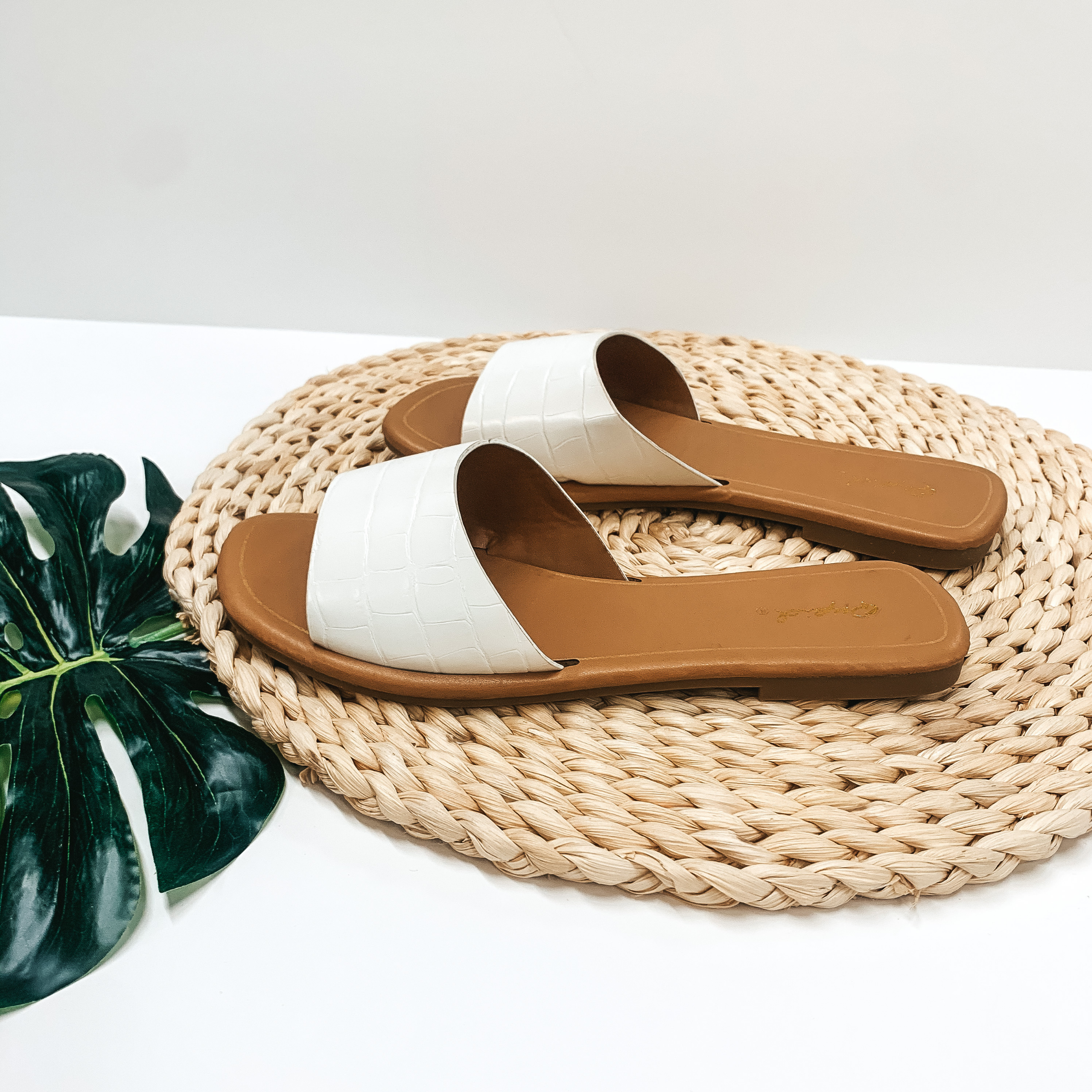 Always in the Lead Crocodile Slide On Sandals in White - Giddy Up Glamour Boutique