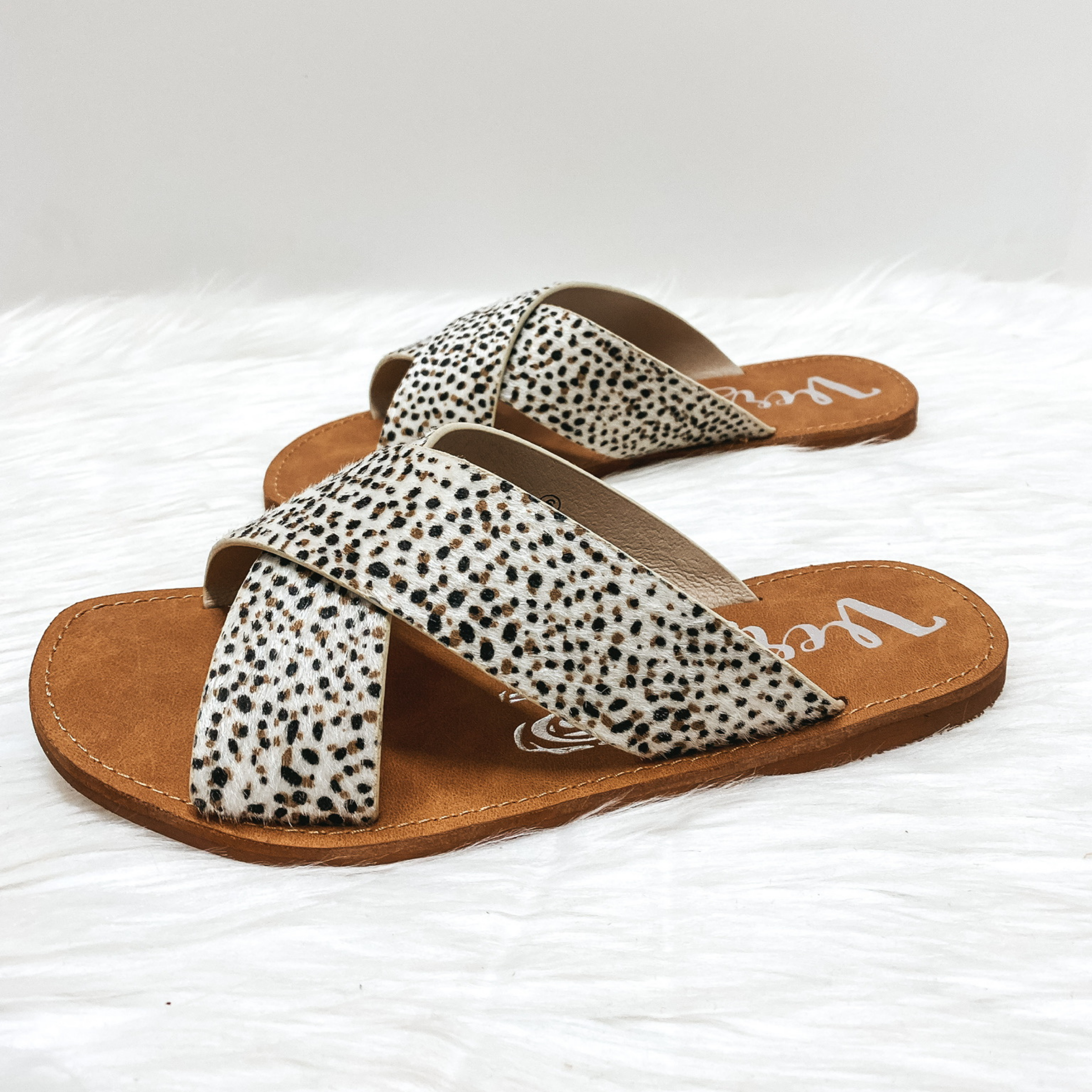 Last Chance Size 6, 7, & 7.5 | Very G | Searching For Sunshine Cross Strap Faux Hide Sandals in Dotted Beige - Giddy Up Glamour Boutique