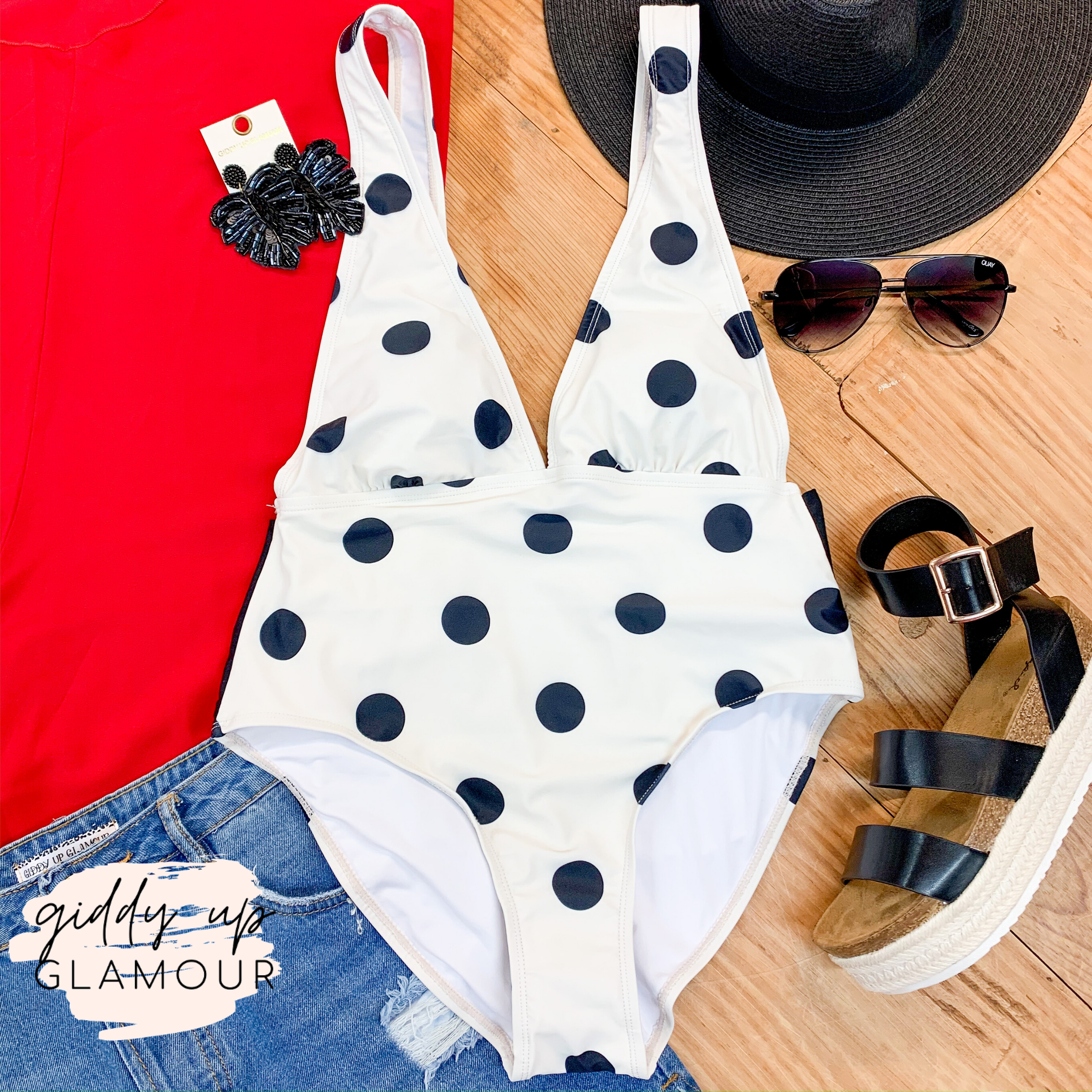 Getting Hotter Deep V Neck Polka Dot One Piece Swimsuit with Tie in Ivory - Giddy Up Glamour Boutique