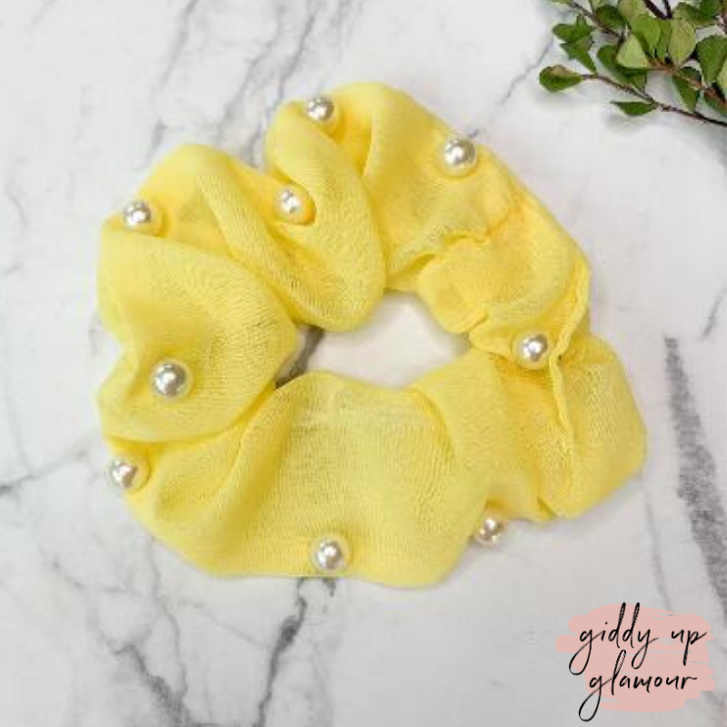 Buy 3 for $10 | Uptown Flare Pearl Embroidered Hair Scrunchie in Yellow - Giddy Up Glamour Boutique