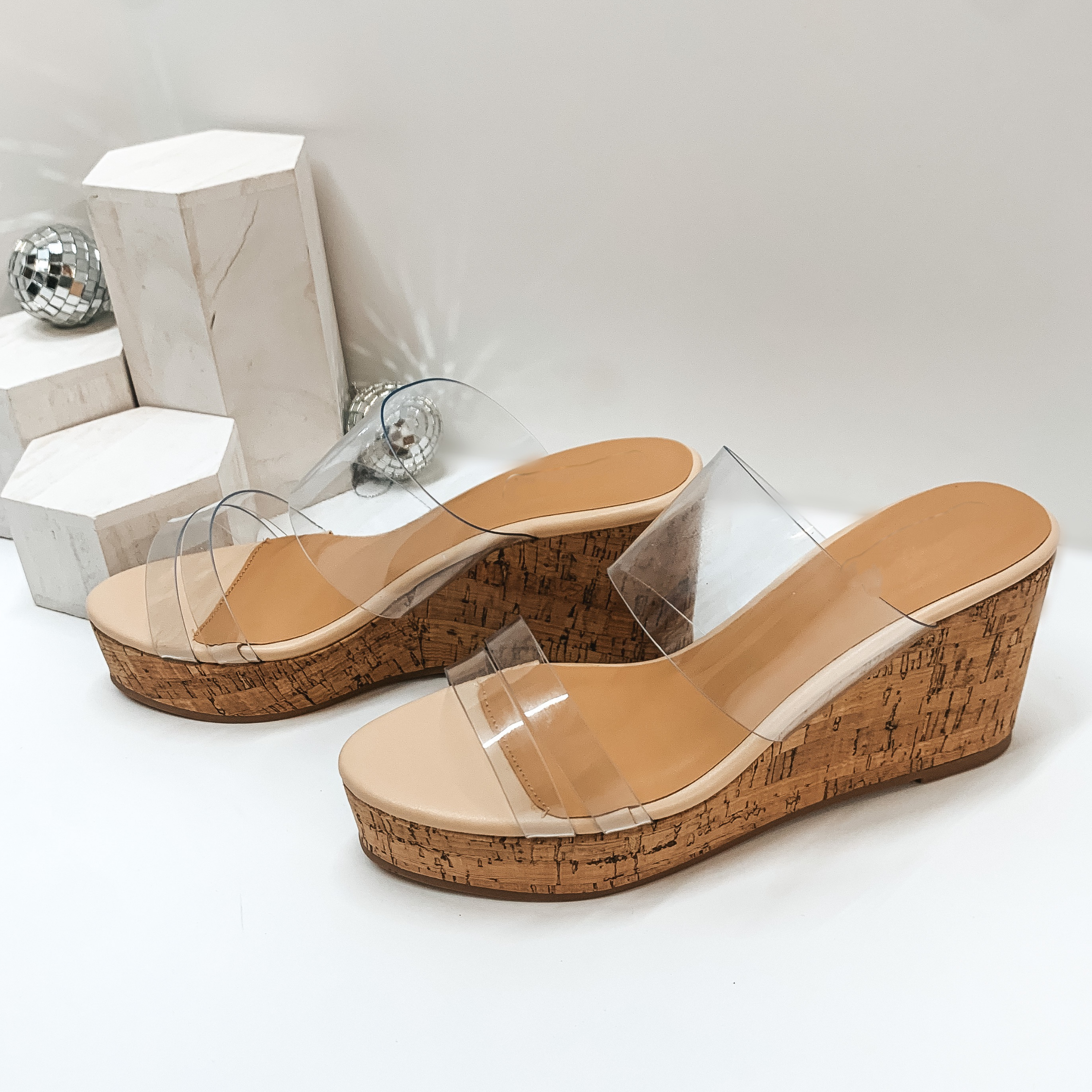 Vineyard Stroll Three Strap Cork Wedges in Clear - Giddy Up Glamour Boutique