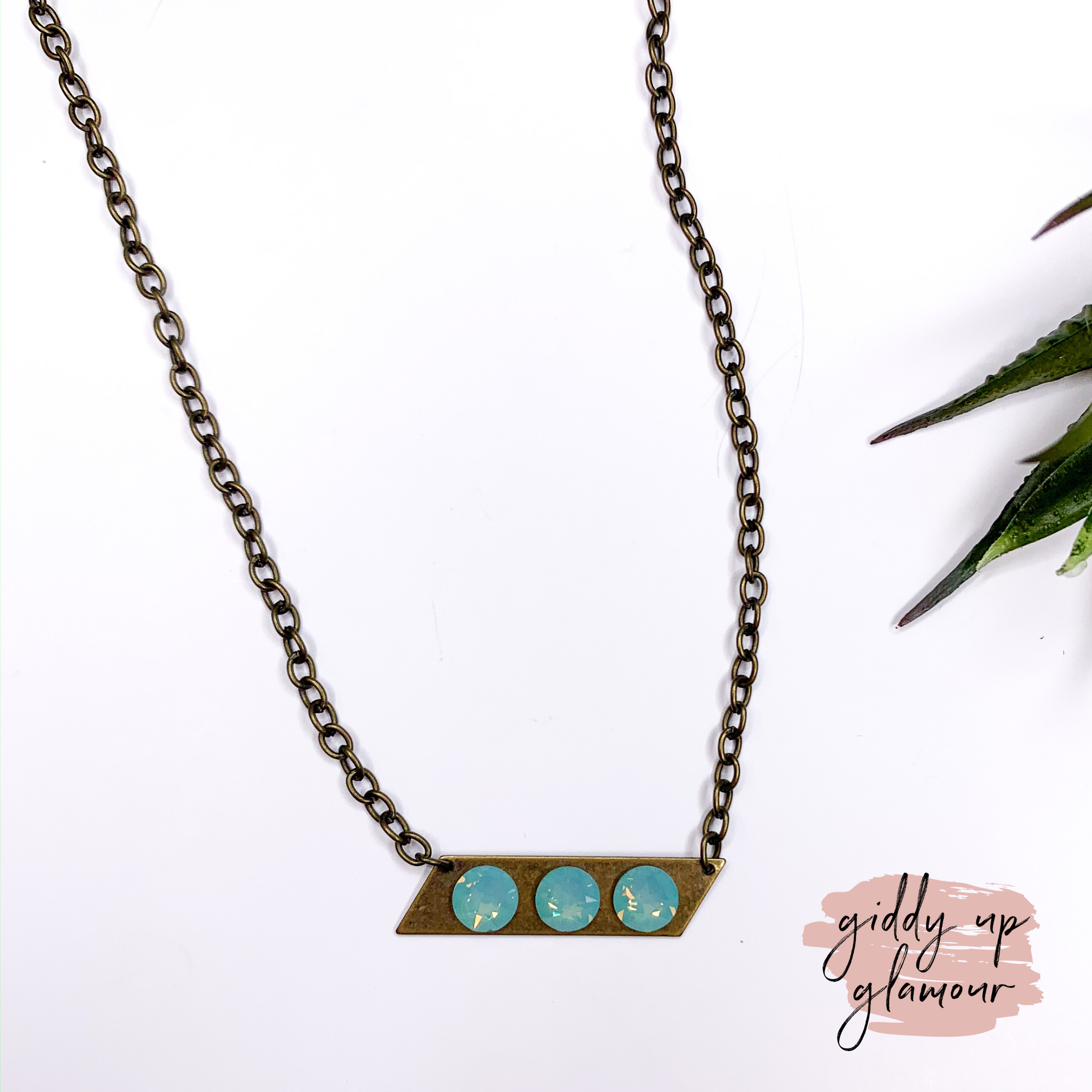 Pink Panache | Bronze Rectangular Necklace with Crystals in Mint - Giddy Up Glamour Boutique