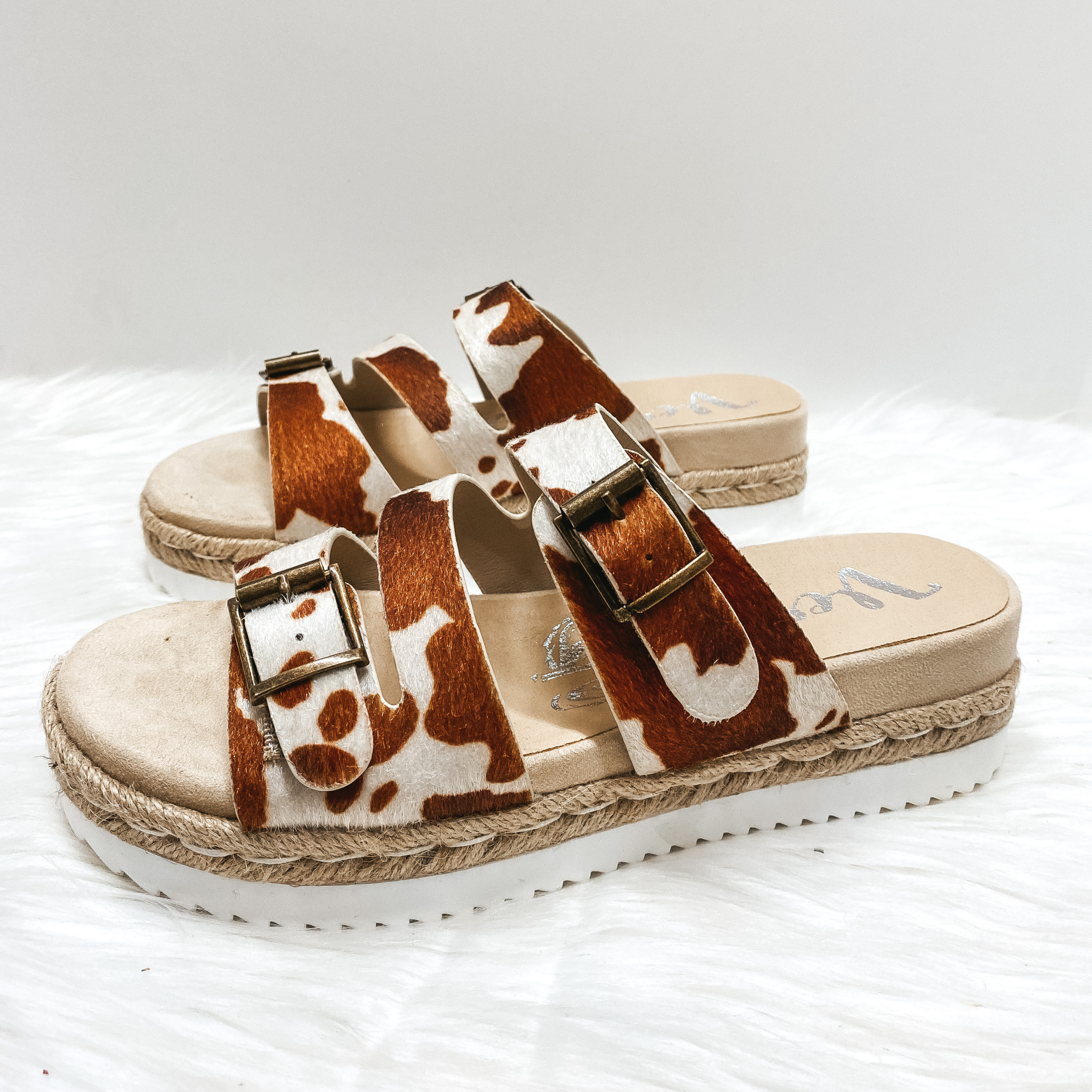 Very G | Traveling Places Strappy Faux Hide Platform Sandals with Buckles in Brown Cow - Giddy Up Glamour Boutique
