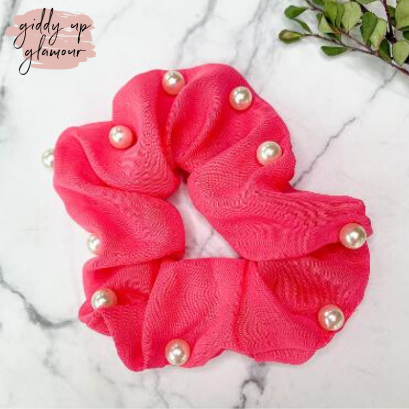 Buy 3 for $10 | Uptown Flare Pearl Embroidered Hair Scrunchie in Fuchsia - Giddy Up Glamour Boutique