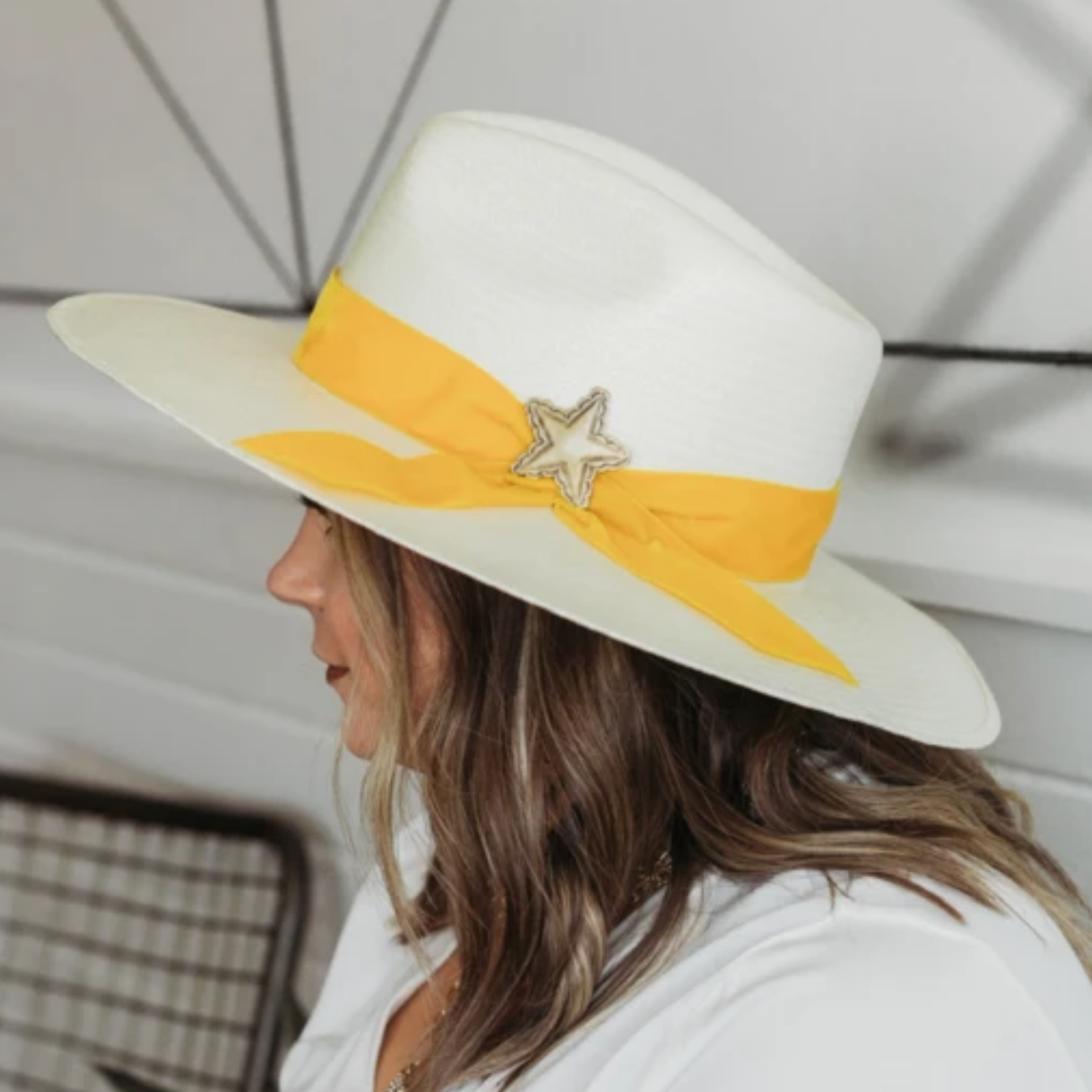 Charlie 1 Horse | Lone Star Love Straw Hat with Yellow Velvet Ribbon Band and Barbosa Star Concho Pin - Giddy Up Glamour Boutique