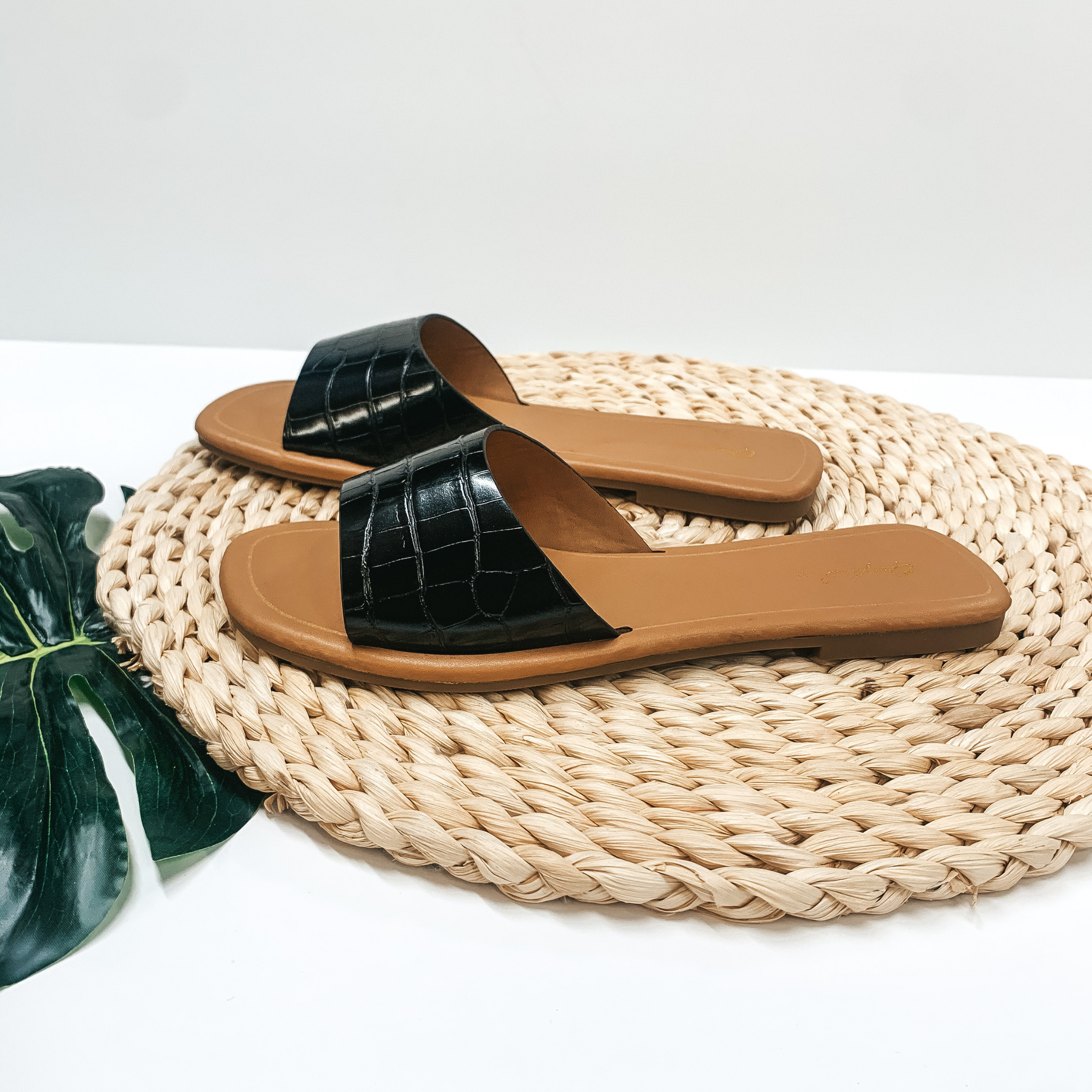 Always in the Lead Crocodile Slide On Sandals in Black - Giddy Up Glamour Boutique